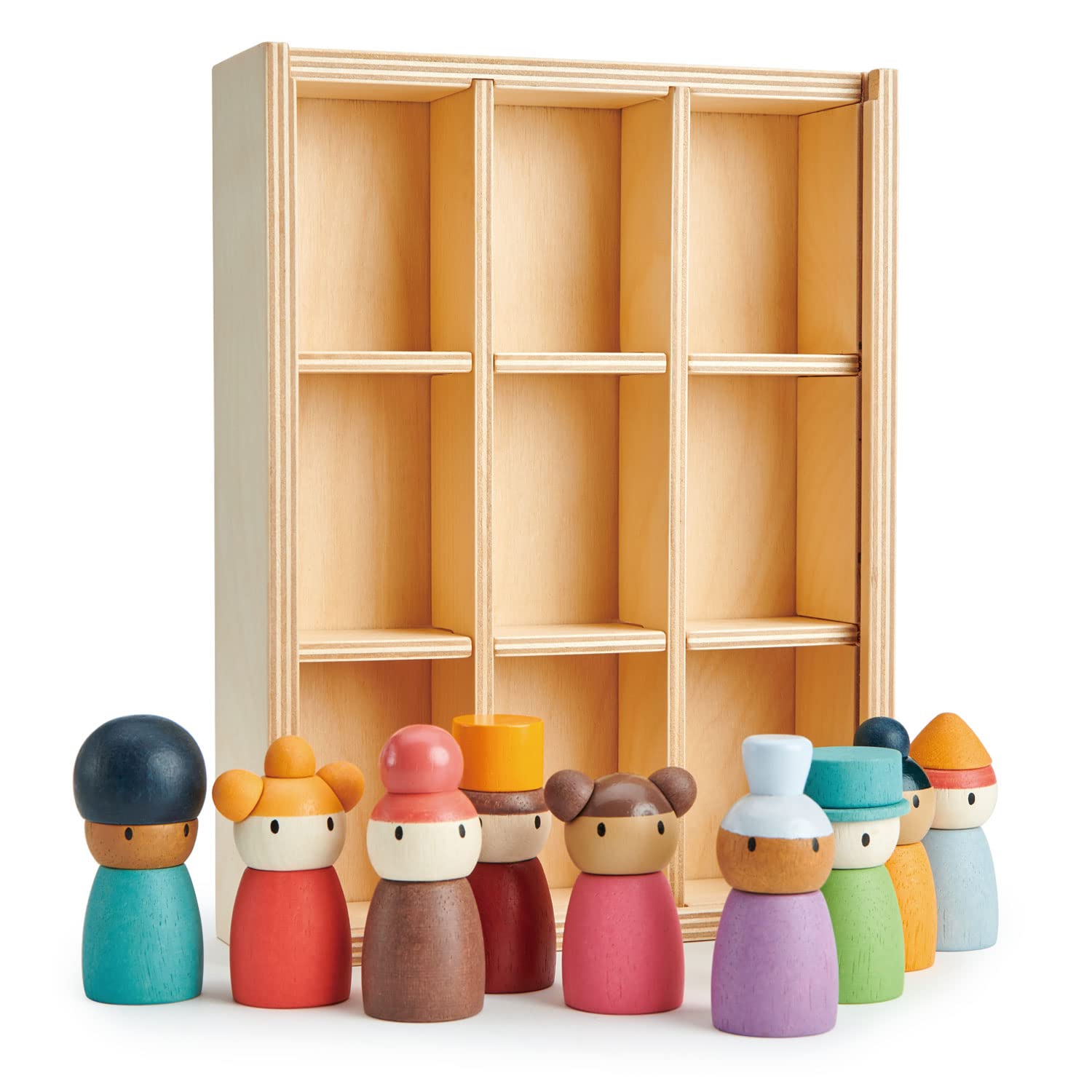 Happy Folk Hotel - 9 muñecas de madera con clavijas de diversidad de juguetes abiertos - Montessori People Figures Play Set - Edad 3+ 4
