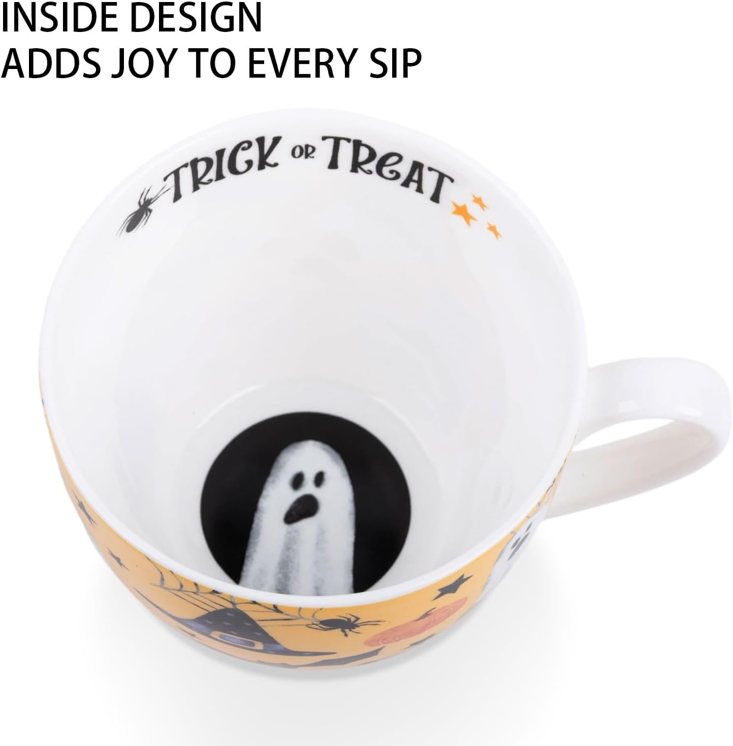 Orange Halloween Mug – 20oz Bone China Coffee Mug with Black Cat, Ghost, Pumpkin & Bat, Perfect Fall Gift for Halloween Lovers, Designed in England by Harvest Green Studio image 5