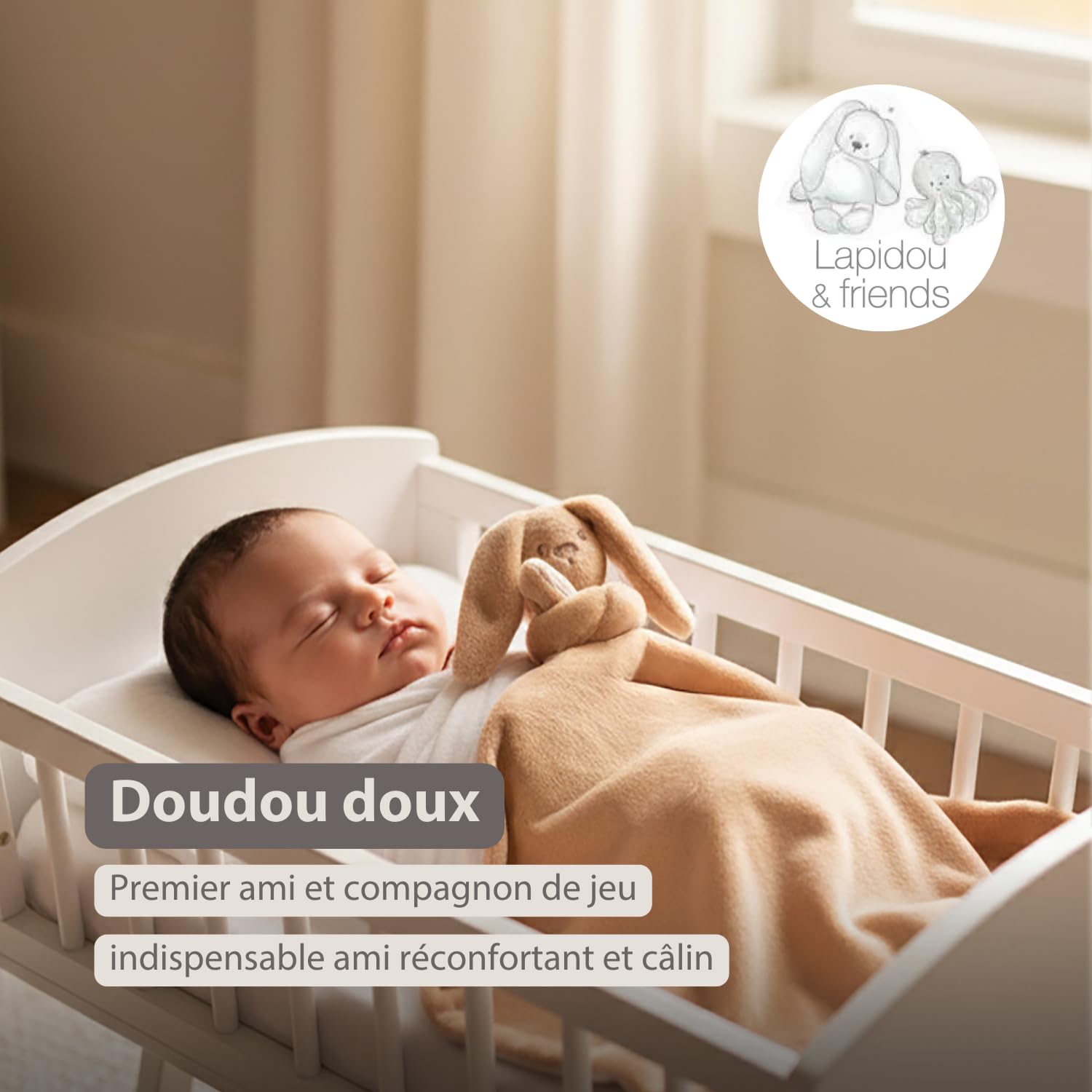 Nattou Lapidou Doudou Couverture 50 x 50cm - Couverture Bebe - Couverture Doudou Lapin - Cadeau Naissance Fille et garçon- Couleur Beige Chaud