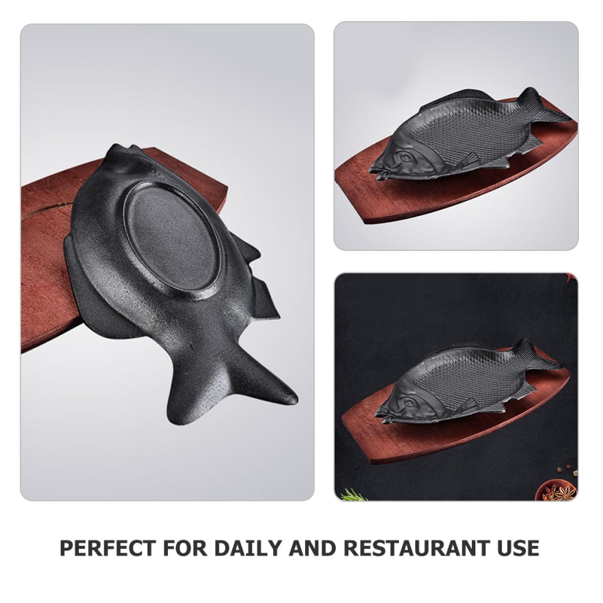 Plato para Servir Pescado en Forma de Pez de Hierro con Base de Madera Resistente al Calor y Fácil de Limpiar Adecuado para Fiestas y Restaurantes