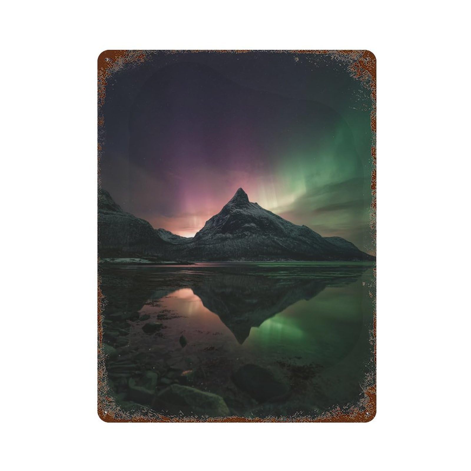 Aurora Borealis Reflection 15.7"x11.8" Aged Metal Wall Plaque, Vintage Wall Decor for Bistro, Counter And Cafe Decor