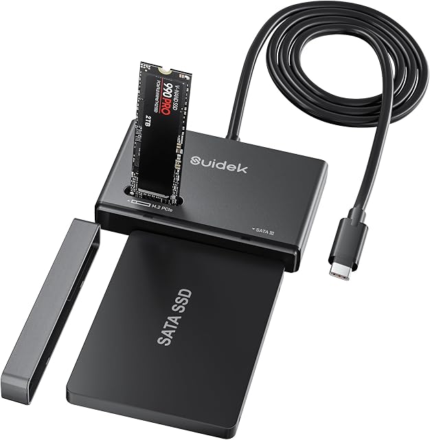 SUIDEK M.2 NVMe SSD Adaptateur de boîtier, type-C 10Gbps à M.2 et SATA Lecteur de disque dur externe M.2 PCIe NVMe SSD Pièce jointe compatible avec (M Key & M+B Key) toutes tailles et 2,5/3.5" SATA Disque d'état solide