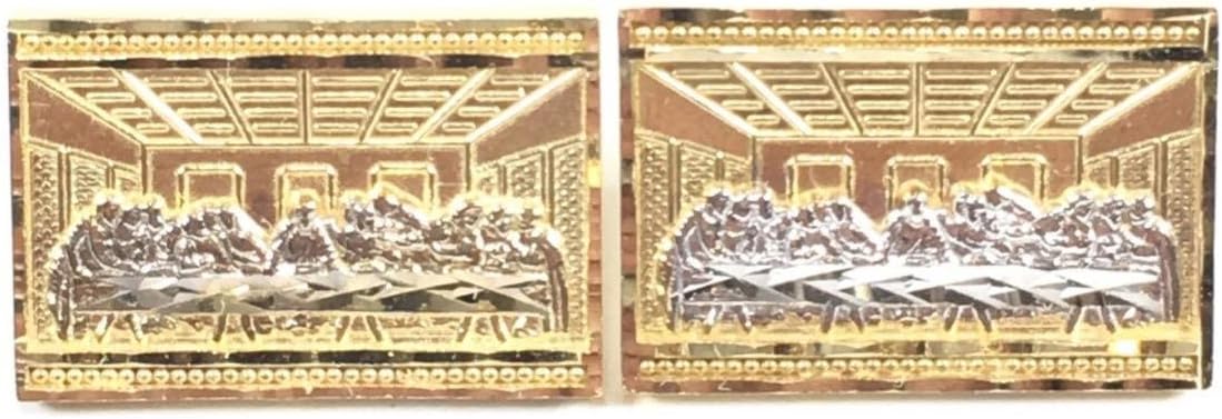 21 MM WIDE DIAMOND-CUT RECTANGLE APOSTLES JESUS LAST SUPPER STUD EARRINGS REAL10K YELLOW GOLD SG6225