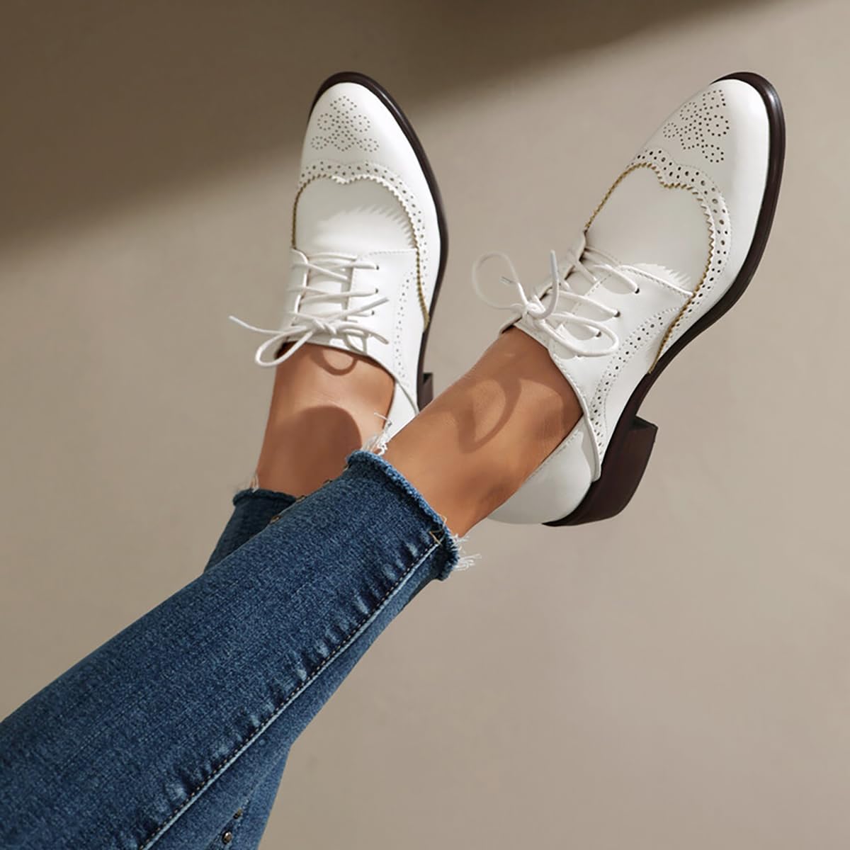 Scarpe Oxford Wingtip Donna Tacco Blocco Scollatura Bassa Stringate