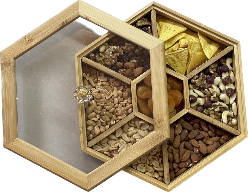 Electromax Contenitore Esagonale Per Caramelle E Snack – 7 Scomparti In Bambù Con Coperchio In Acrilico Trasparente - copertina