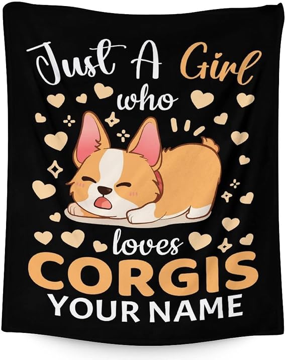 Personalized Corgi Blanket Gifts with Name - 30"x40" Cute Throw for Adults, Kids - Black Soft Fuzzy Blankets for Couch & Office