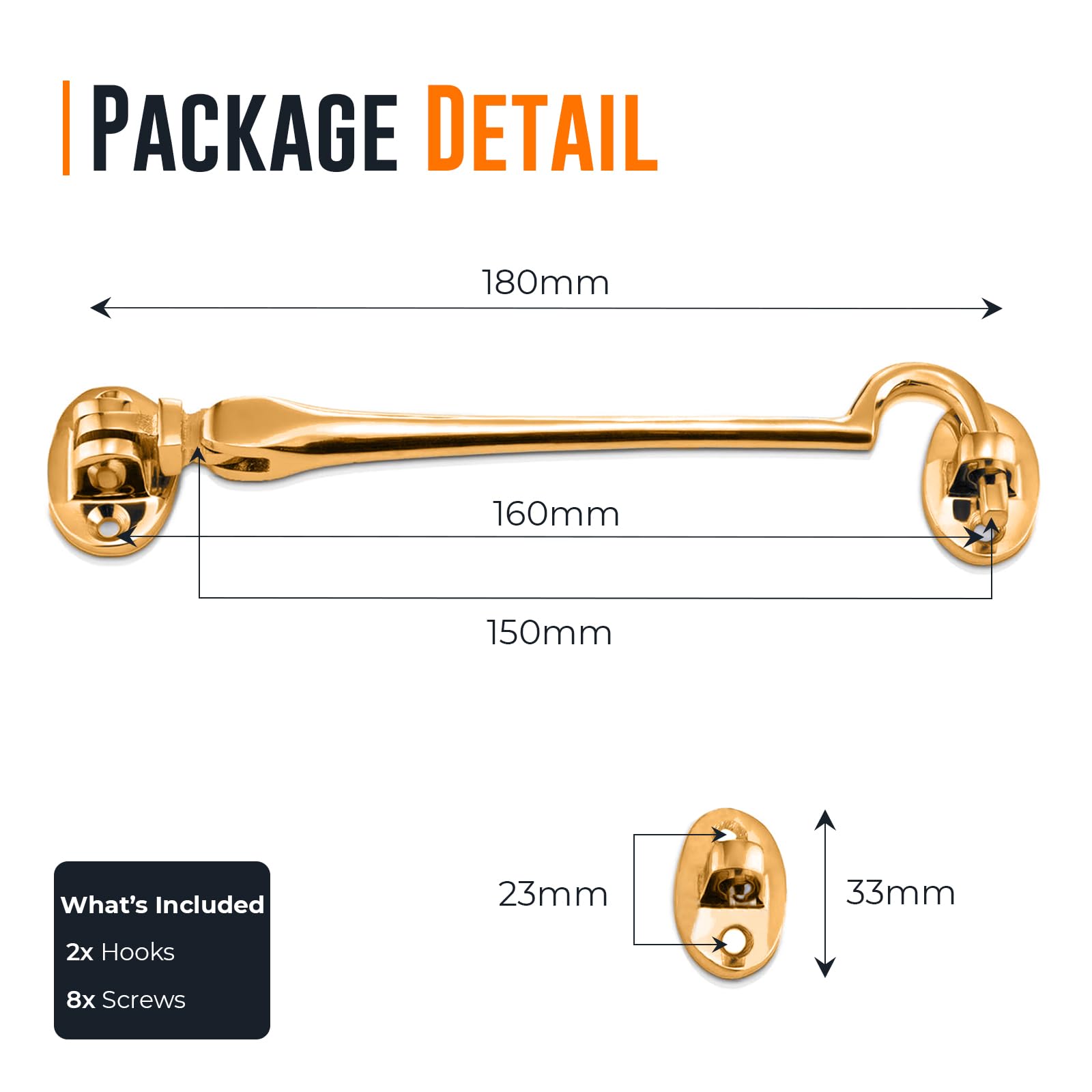 Pack 2 Brass Cabin Hook Silent Type 150mm, Heavy Duty Solid Brass Door Latch for Gates Sheds, Windows & Cupboards - Image 2