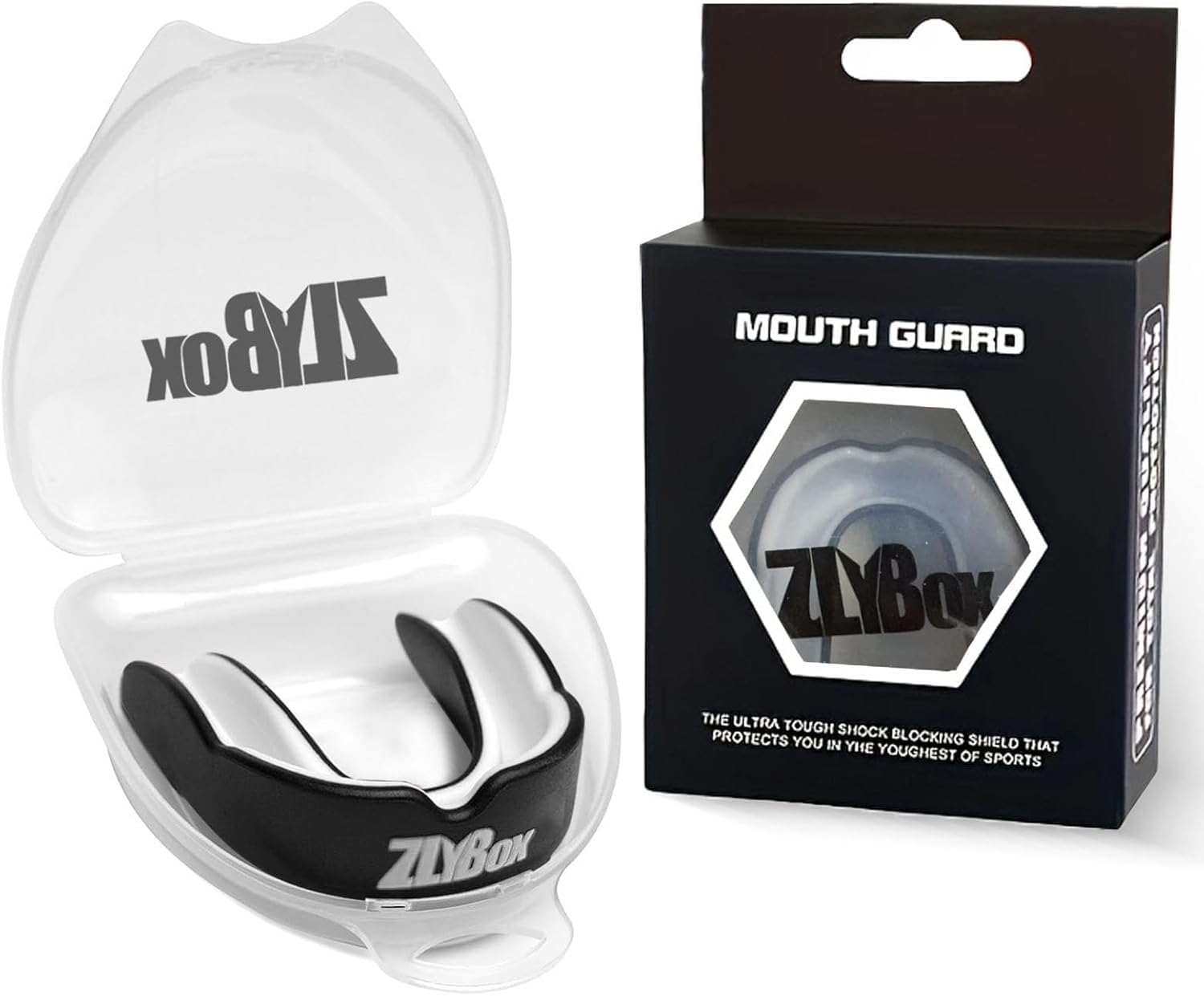 Protector bucal de fútbol de doble color para boxeo y aparatos ortopédicos, almacenamiento seguro para hombres y deportes (negro y blanco)