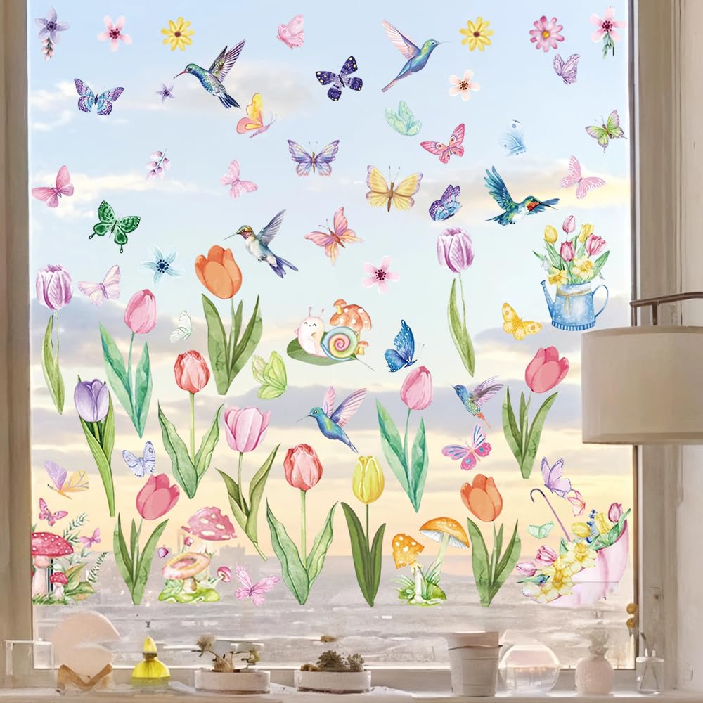 8 Sheets Spring Window Clings Colorful Flower Static Window Decals Double Sided Floral Static Clings with Tulip Butterfly Hummingbird Pattern for Glass Windows Doors Mirrors Sunroom Panels