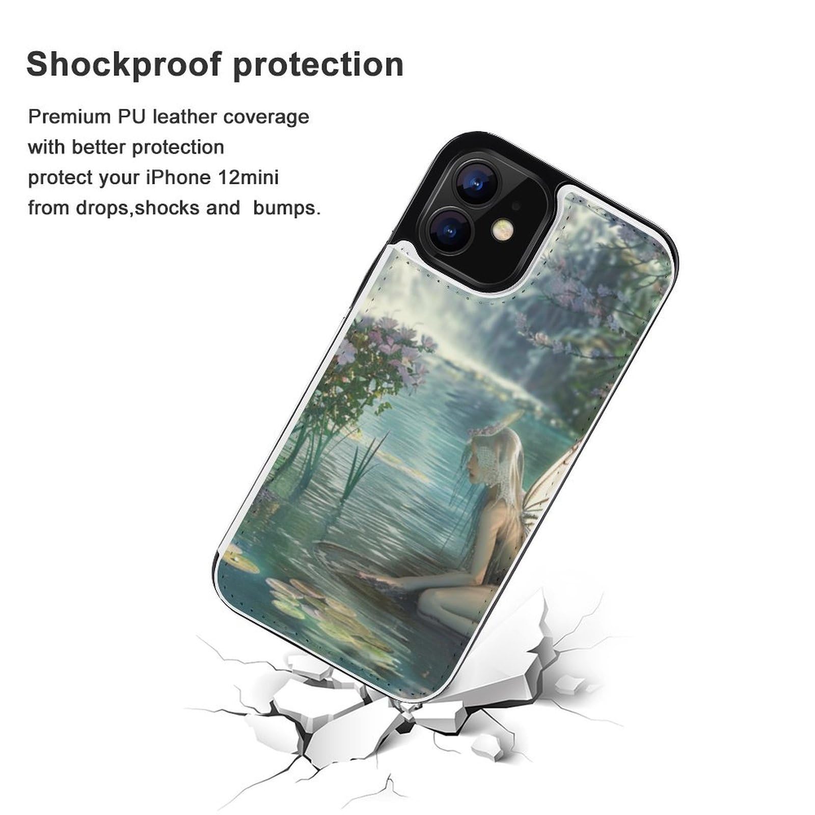 Funda tipo cartera para iPhone 12 Mini, diseño de hadas del lago con estampado artístico de hadas, funda de piel con ranuras para tarjetas