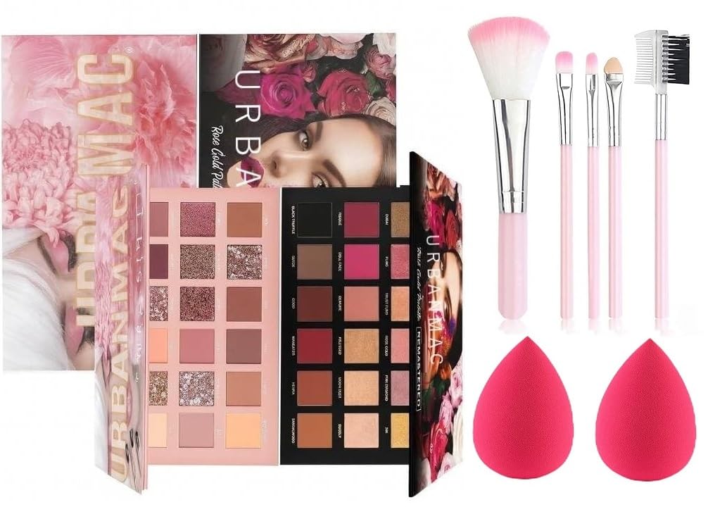 URBANMAC Nude and Rose Gold Eyeshadow Palette, 5 Pcs Pink Makeup Brushes with 2 Pcs Blender Blending Sponges-image-29