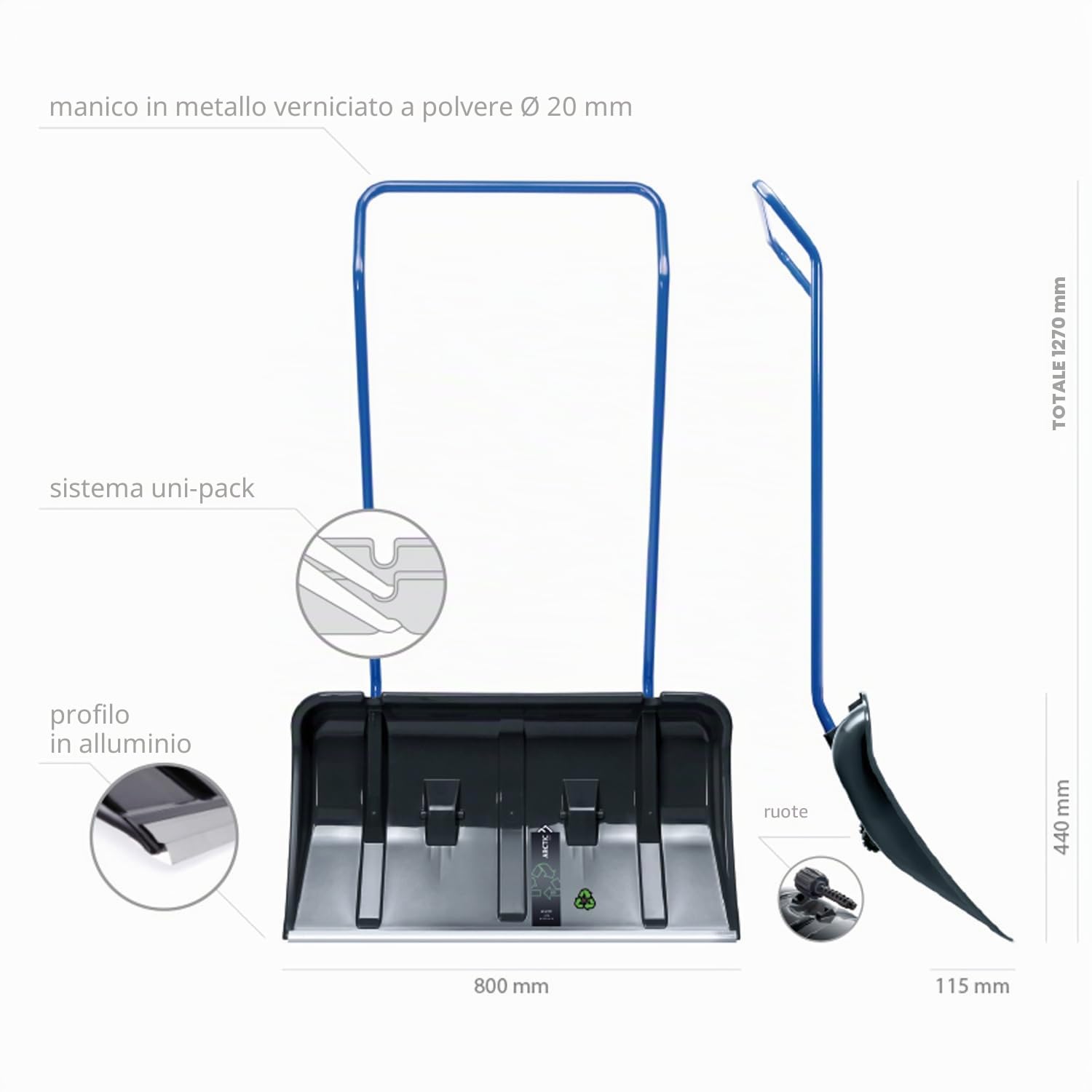 Ampia pala da neve Arctic Eco aratro con ruote, asta in metallo e plastica paletta