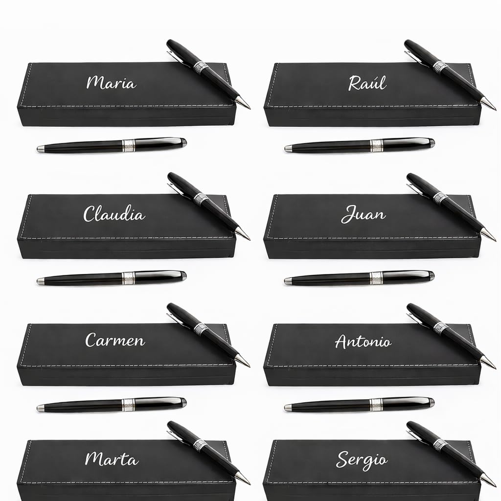 Pack 10 Bolígrafos Personalizados con Nombre – Caja Negra Efecto Cuero | Regalo Invitados Comunión, Boda o Bautizo | 2 BolígrafoS EleganteS Tinta Azul | Detalle para Profesor, Padrino, Testigo