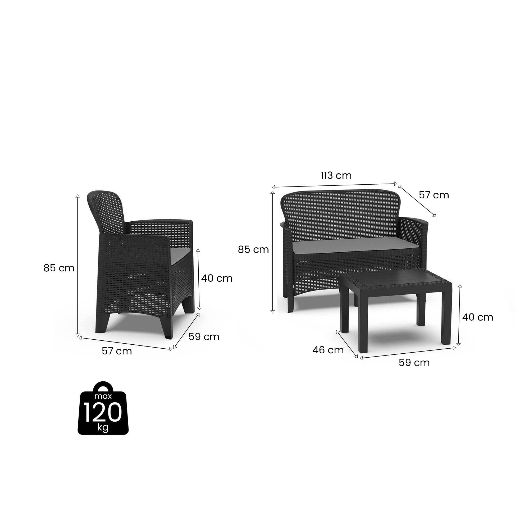 Dmora - Set salotto da esterno Ostuni, Set da giardino con 2 poltrone, 1 divano ed 1 tavolino, Salottino effetto rattan con cuscini, 100% Made in Italy, Antracite