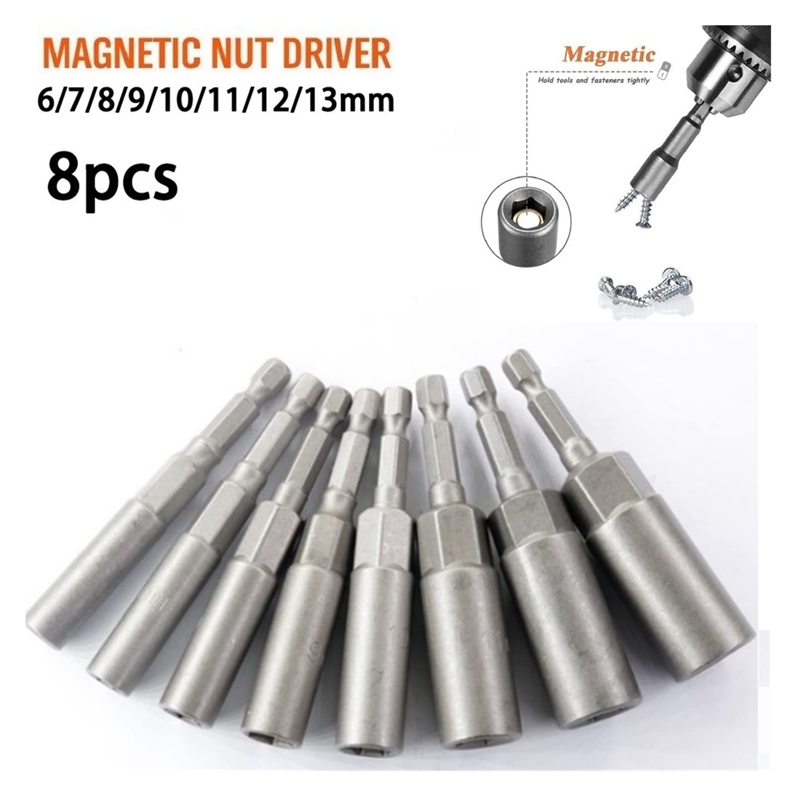 Destornillador de Impacto de 80 mm, 8 Unidades, Taladro, Adaptador de Vaso magnético Hexagonal de 1/4", Tuerca de Impacto, Taladro para Herramientas de Impacto.