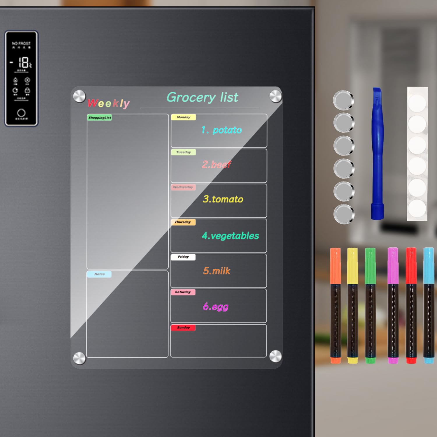 Kühlschrankkalender, Mahlzeitenplanungstafel, trocken abwischbar, Acryl, magnetisch, Monats- und Wochenkalender, Planer für Kühlschrank mit 6 Farbmarkern (transparent, wöchentlich (39,9 x 30