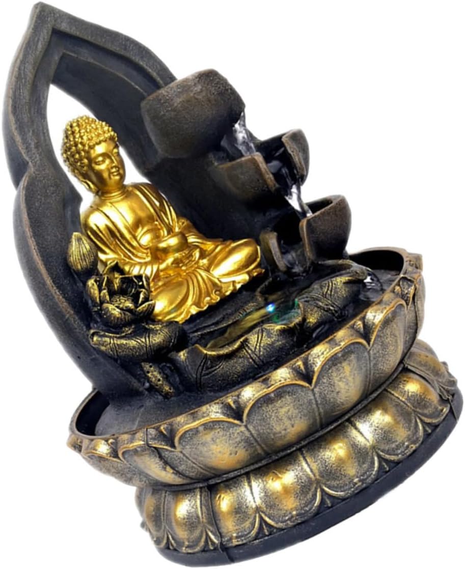 Resin Buddha Tabletop Waterfall Fountain Statue with Flowing Water Feature for Home Office Decor Chinese-Inspired Zen Garden Ornament US