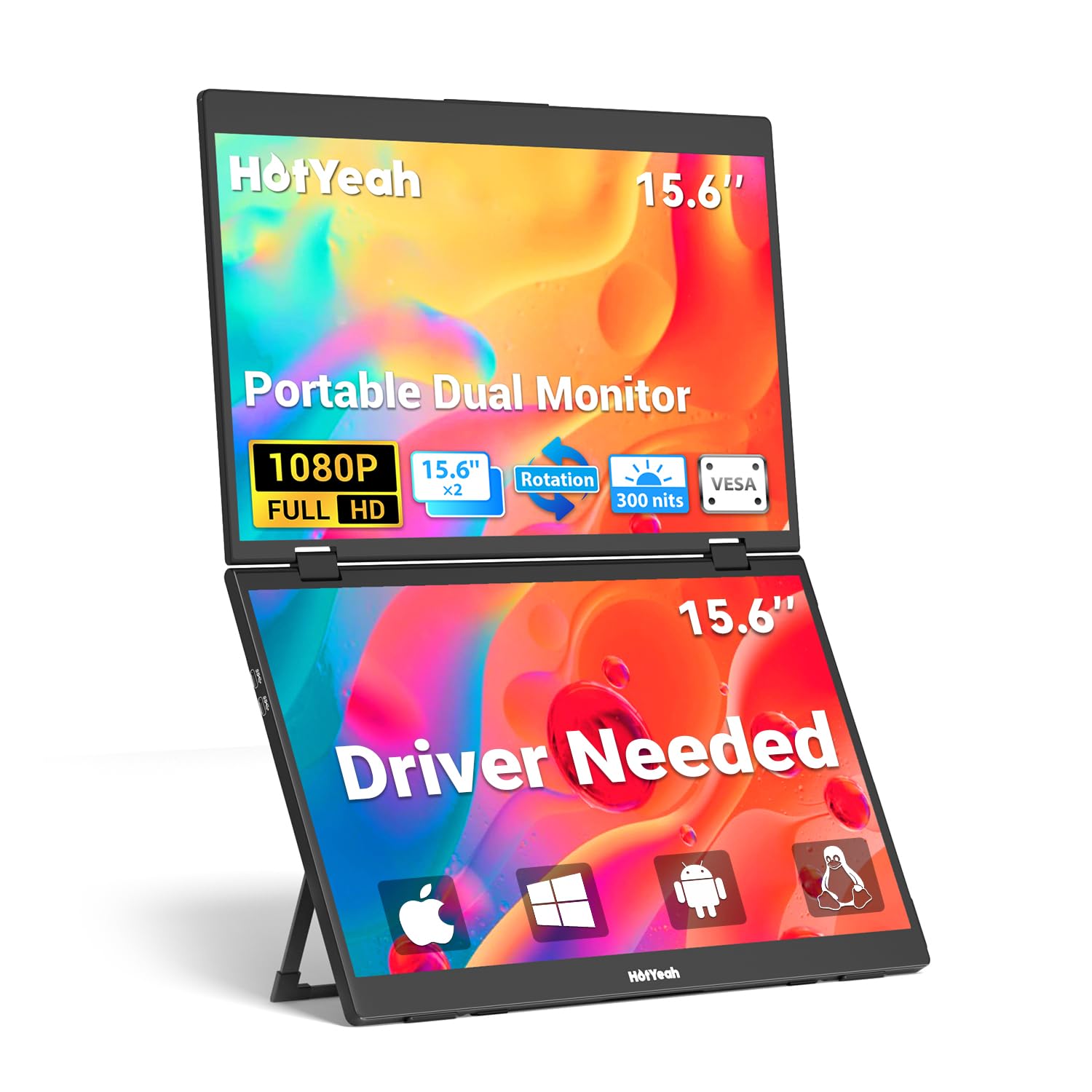 HotYeah Triple Laptop Screen Extender, 15.6" Dual Stacked Monitor (Windows/Mac/Android),1080P FHD Folding Portable Travel Extended Screen w/Kickstand & VESA, 180° Rotation, Double Monitor for Laptop