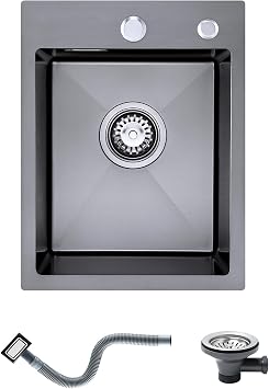 304 Stainless Steel Sink 35 x 45 cm, Small Kitchen Sink, Topmount Sinks with Tap Hole and Overflow Without Drain Pipe, 1 Bowl, Grey-Black