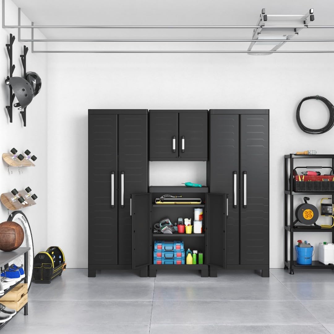 Keter Armoire Basse Detroit - Armoire de Rangement Multifonctions - Étagères Modulables, Pieds renforcés et Ajustables - Cuisine, Garage, Atelier, Placard - 65 x 39 x 97 cm - Noir
