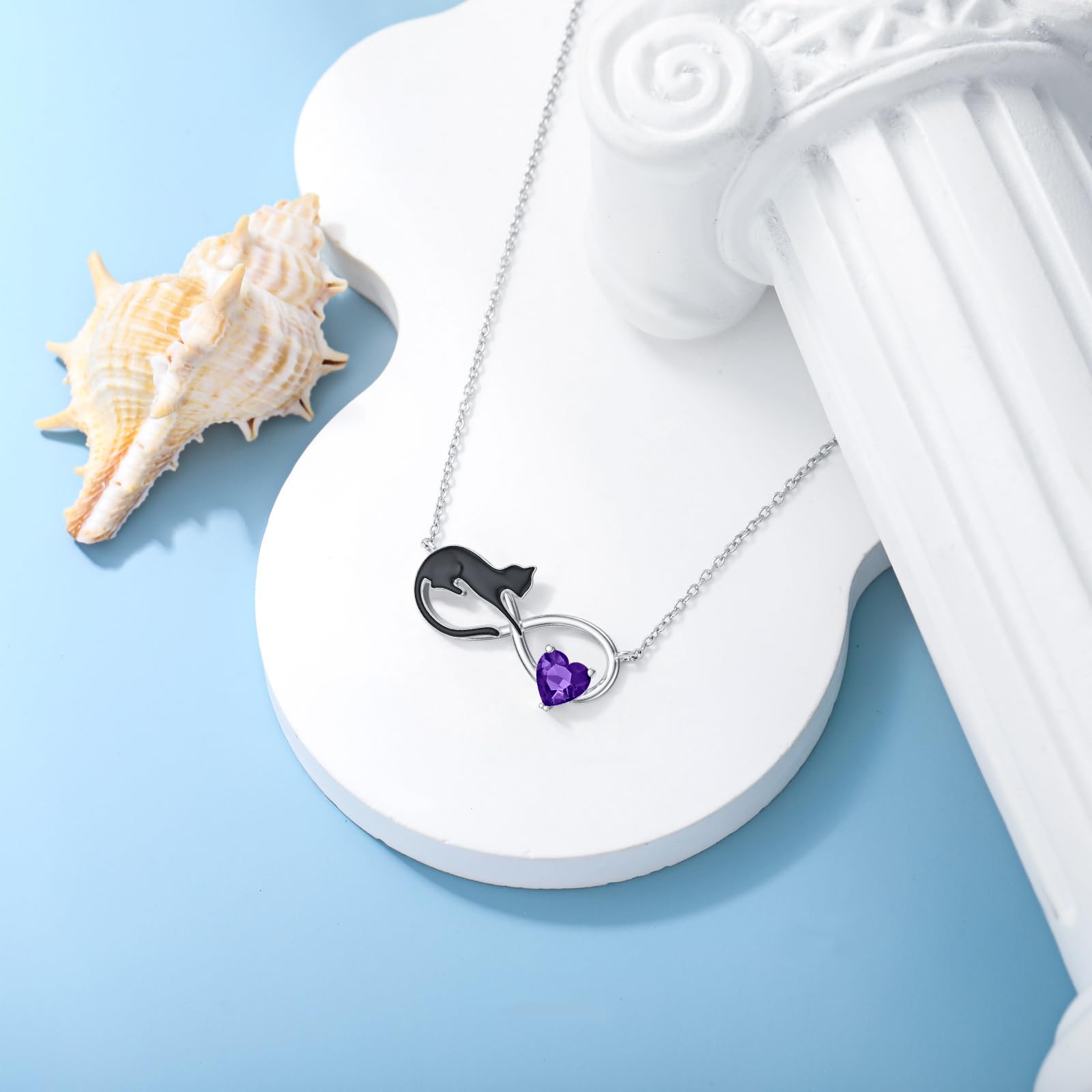 Schwarze Katzen Kette mit Geburtsstein für Damen, 925 Sterling Silber Unendlichkeits und Katzen Halskette Schmuck Geschenke für Katzenliebhaber