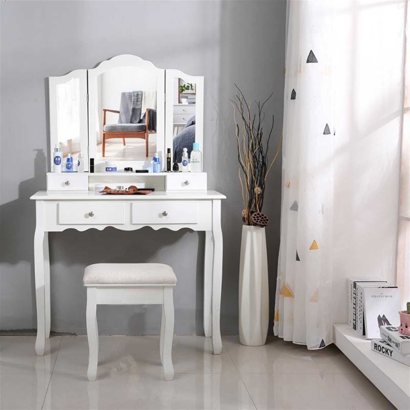 Specchio da trucco con contenitore, elegante consolle per camera da letto e soggiorno, perfetto per vestirsi e esporre accessori