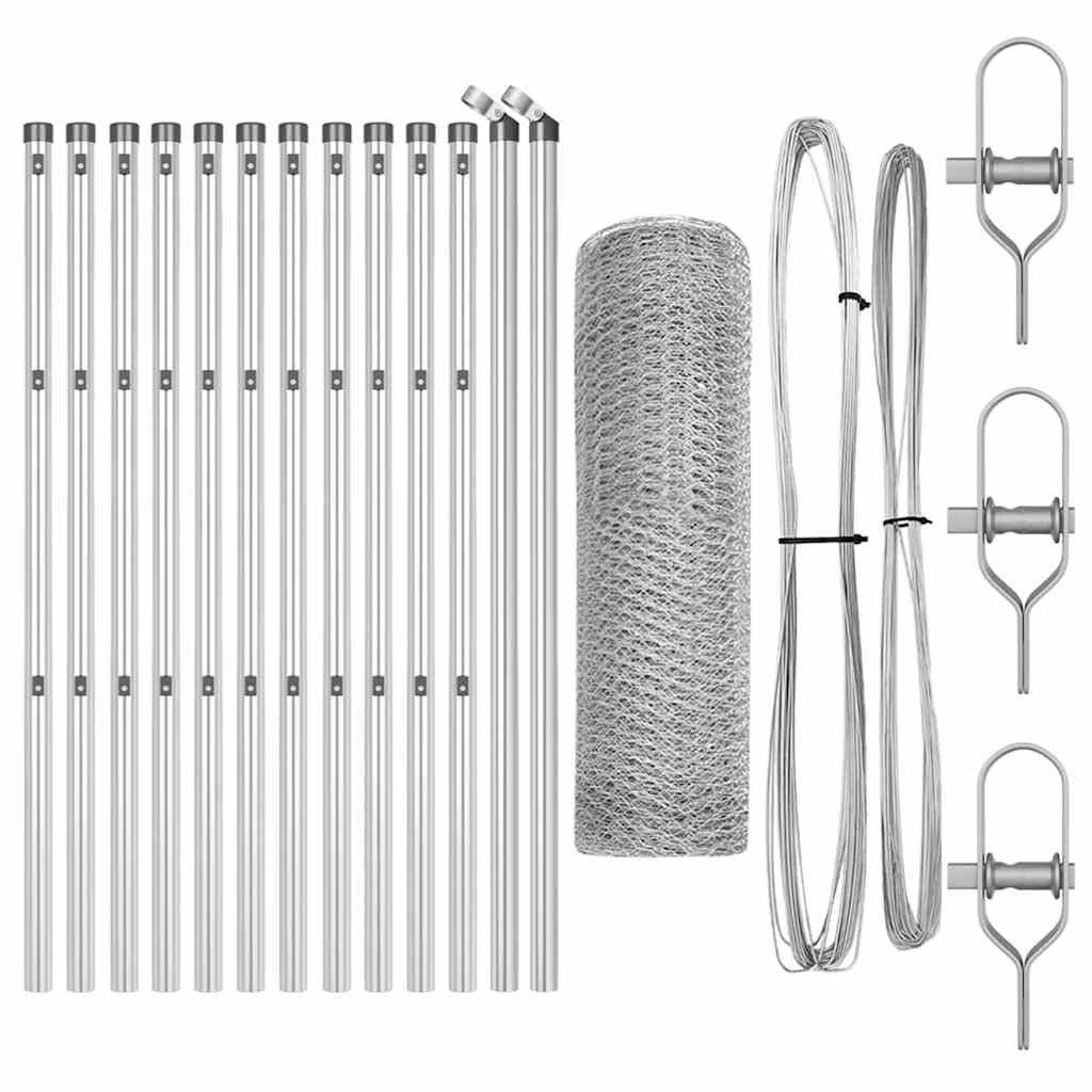 Outdoor Steel Fence Post Set Silver 25 x 0. 8 m 13 mm Mesh Grid Garden Barrier Security Panel with Weather Resistant Corrosion Proof Coating for Backyard Patio or Terrace 250 80 13 Posts Included