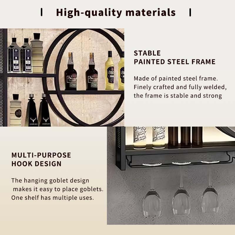 Étagère à vin murale en métal style vintage avec support pour verres à pied