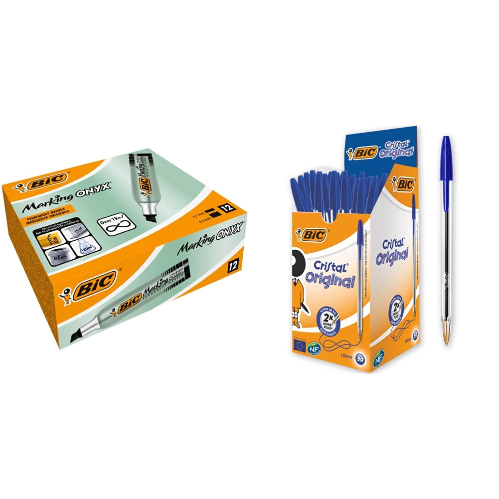 BIC Ecriture Marking Onyx 1481 Marqueurs Permanents à Pointe Moyenne Biseautée - Couleur Noire & Cristal Original Stylos-Bille (Pointe Moyenne (1 mm) / Parfait pour l'Ecole et au Bureau)