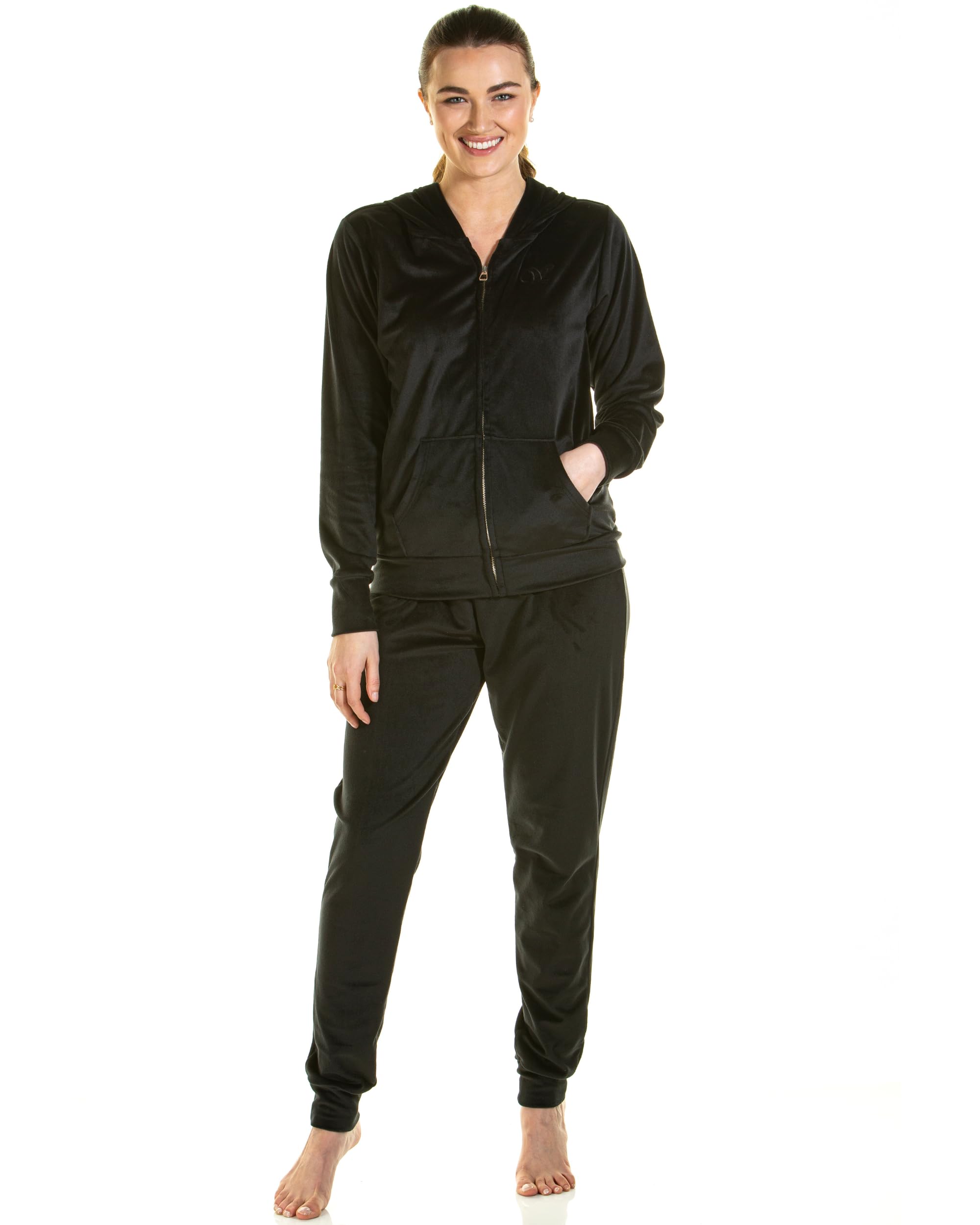 Wysteria Lane Women's Black Velour Plush Knit Hooded Lounge Set