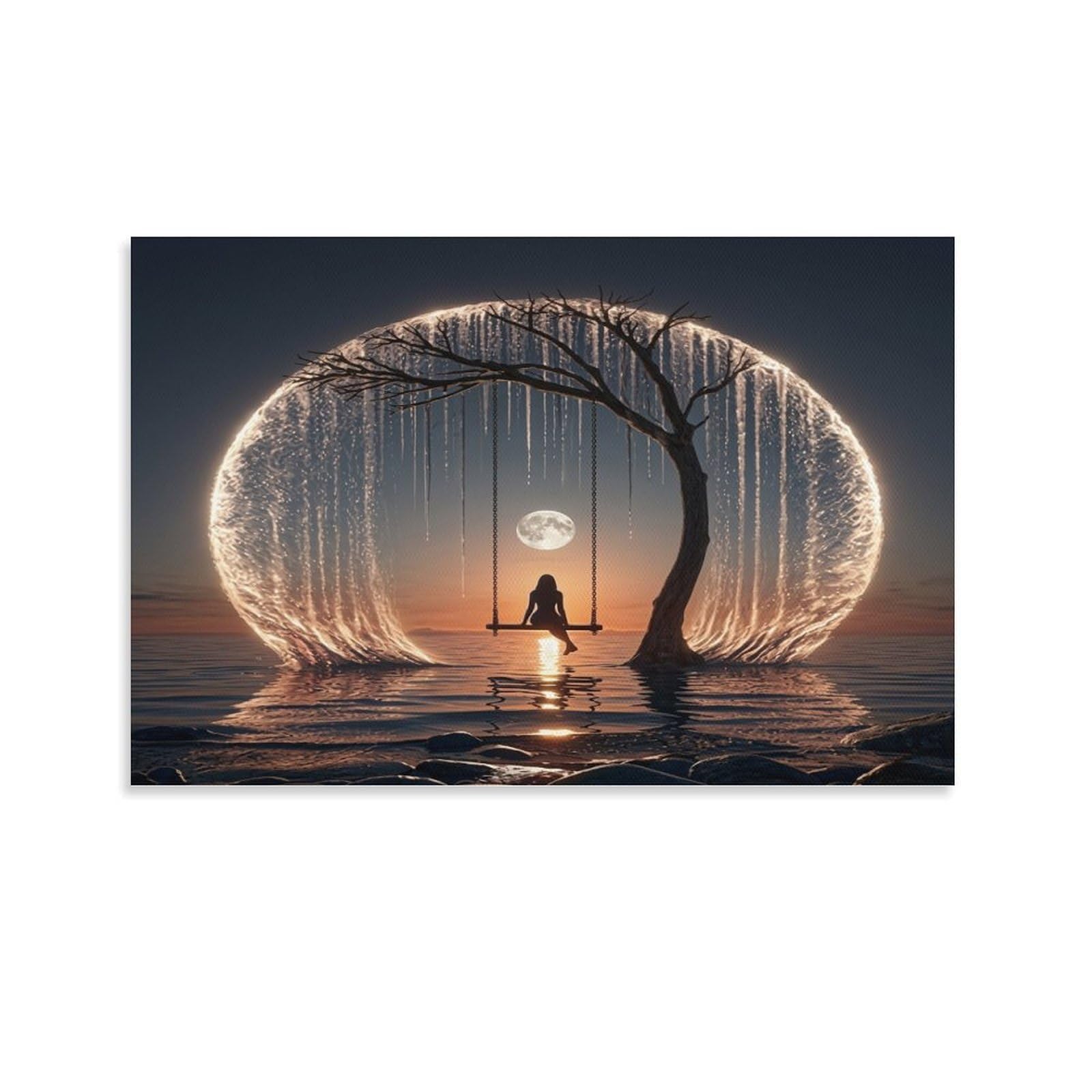 XPASHIQWC Moonlit Water Ring Swing Poster Artwork Giclee Canvas Prints Modern Wall Art Picture Wall Hanging for Home Decorations 24x36inch(60x90cm)