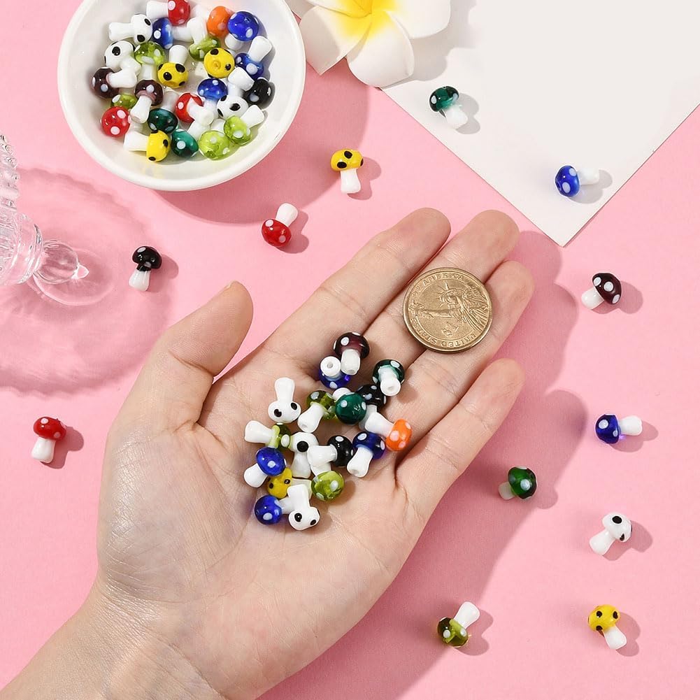 100PCS Handmade Lampwork Beads with Hole Mushroom Shaped Glass Cute Colorful Fun Ornament Forest Plant Charms Spacer Loose Bead Bulk for Jewelry Making Necklaces Bracelets Diy Crafts Supply - Image 3