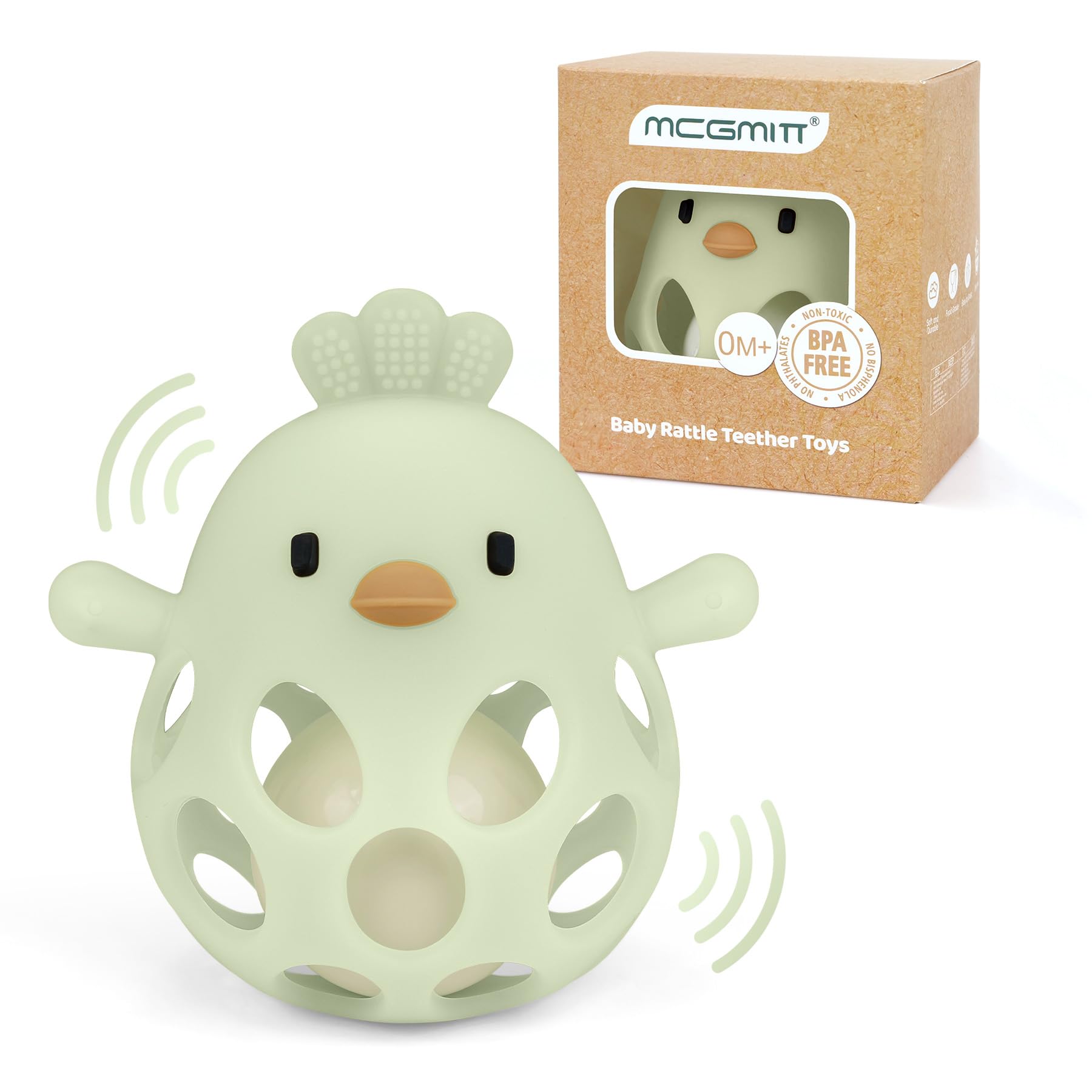 MCGMITT Mordedor de silicona con sonajero – Pelota de agarre flexible en forma de pollito libre de BPA suave y fácil de sostener juguete Montessori para aliviar la dentición de bebés de 3 meses–Verde