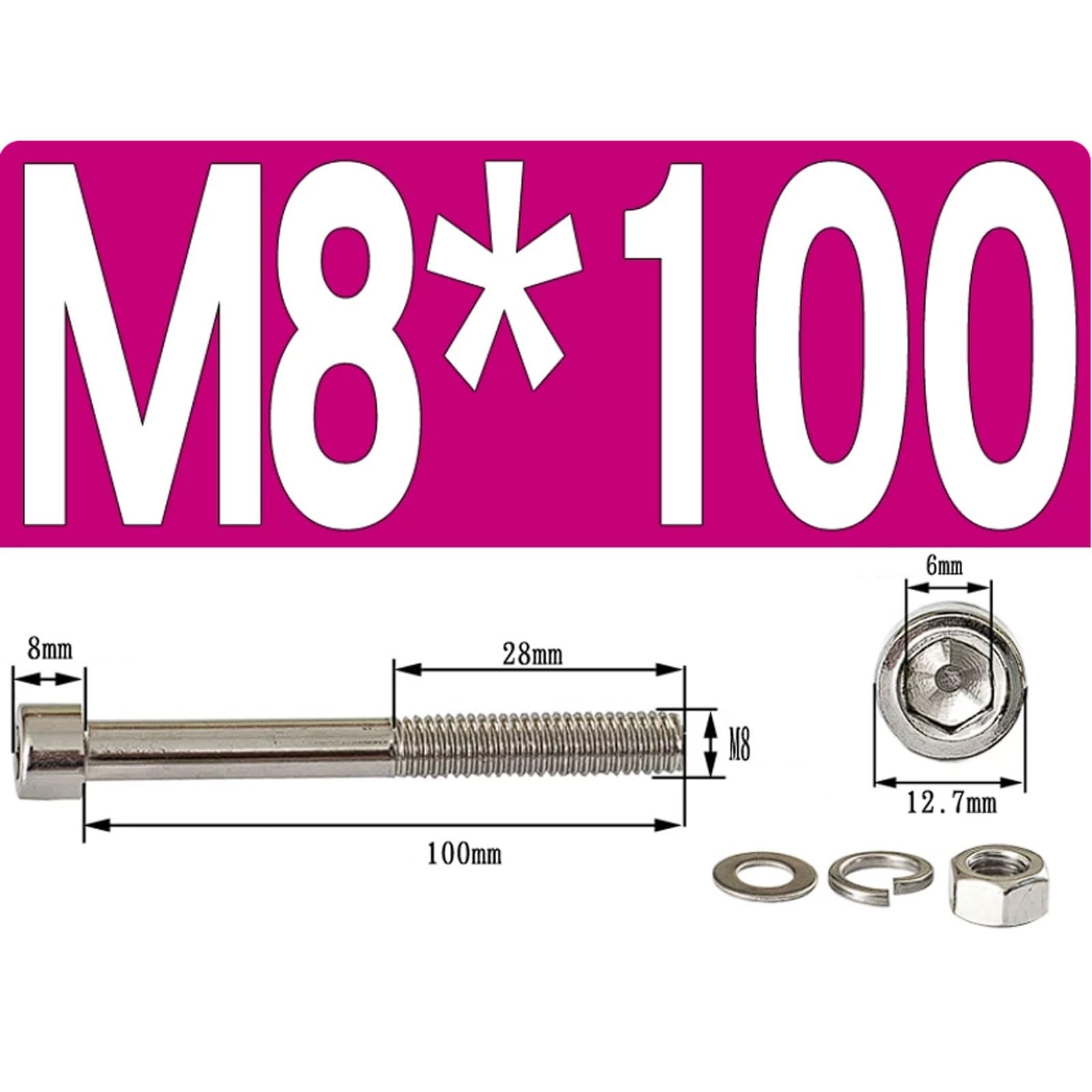 Kit de tuercas y tornillos cabeza hueca hexagonal M6 o M8 acero inoxidable 201, 20 juegos, pernos Allen semiroscados(M8*100 (20 sets))