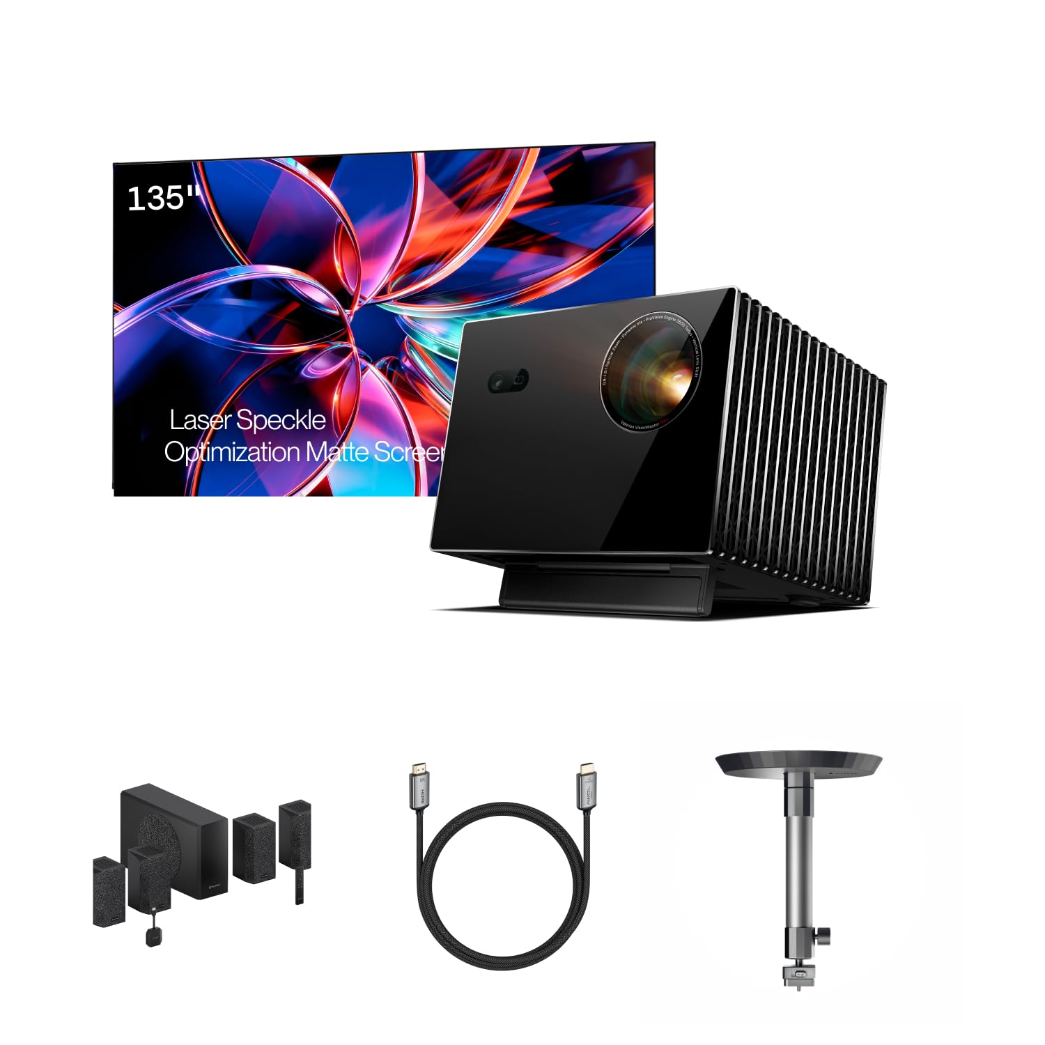 AWOL Valerion VisionMaster Max 4K Laser Home Theater Projector Bundle with ThunderBeat 4.1.2 Sound System,135" PureVision Fixed Frame Projector Screen,Ceiling Mount&HDMI 12m