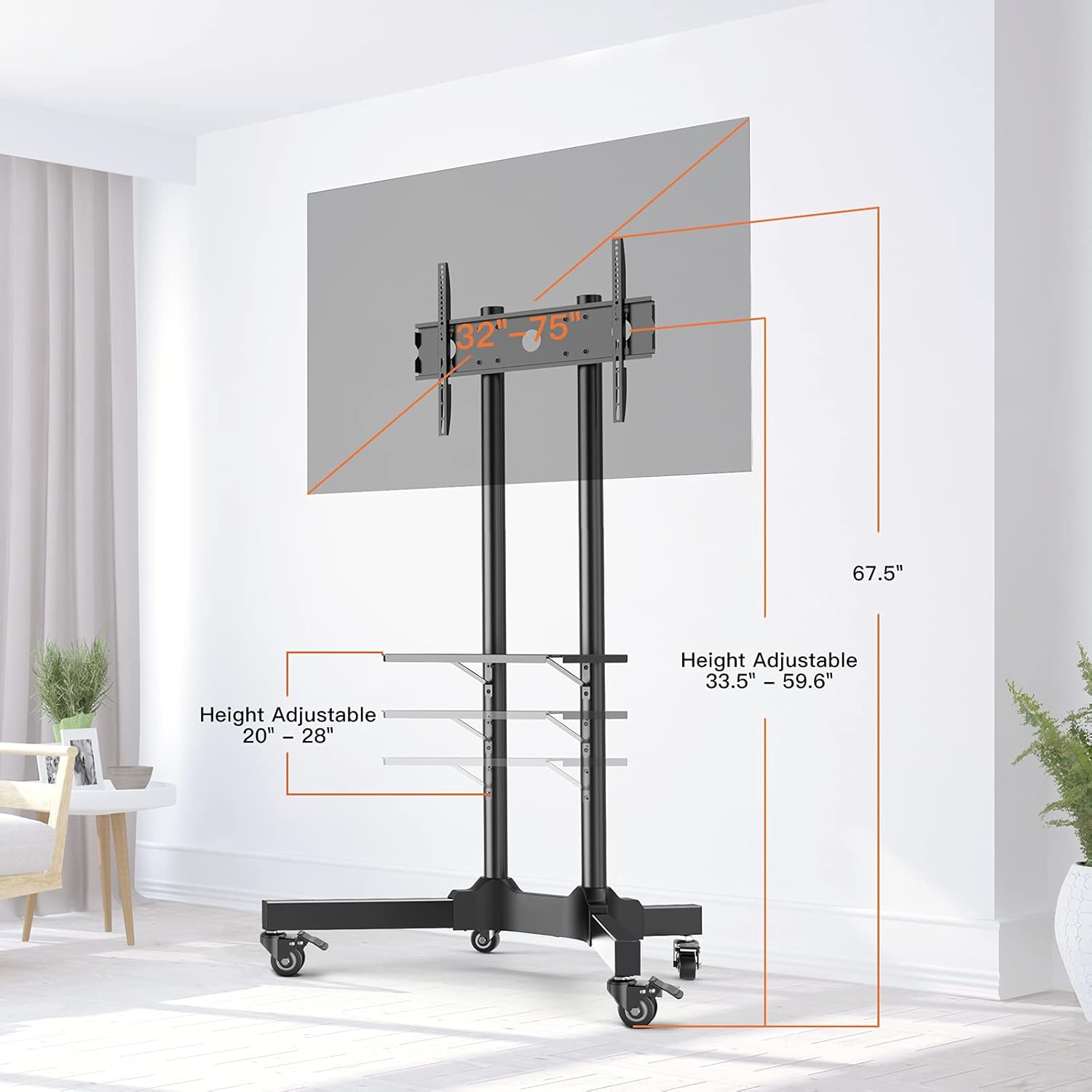 Mobile TV Cart for 32-75in TVs Rolling TV Stand with Height Adjustable Tray Max VESA 600x400mm Holds up to 132lbs LED/LCD/OLED Flat/Curved TVs Portable Monitor Stand with Lockable Wheels- PGTVMC01 : Office Products