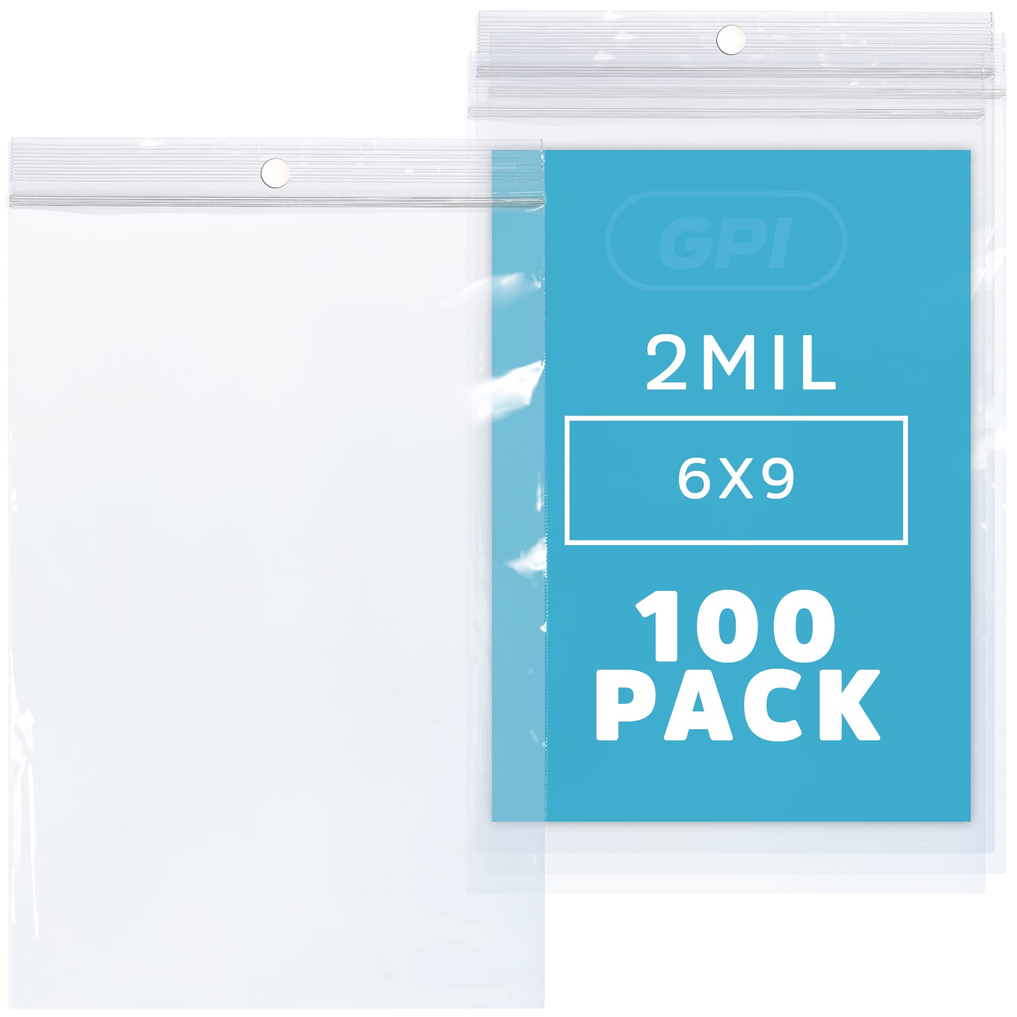 GPI - 6" x 9" - Bulk Pack 100, 2 Mil Thick, Clear Plastic Reclosable Zip Bags, Hang Hole for Display, Durable Poly Baggies with Resealable Zip Top Lock for Storage, Packaging & Shipping