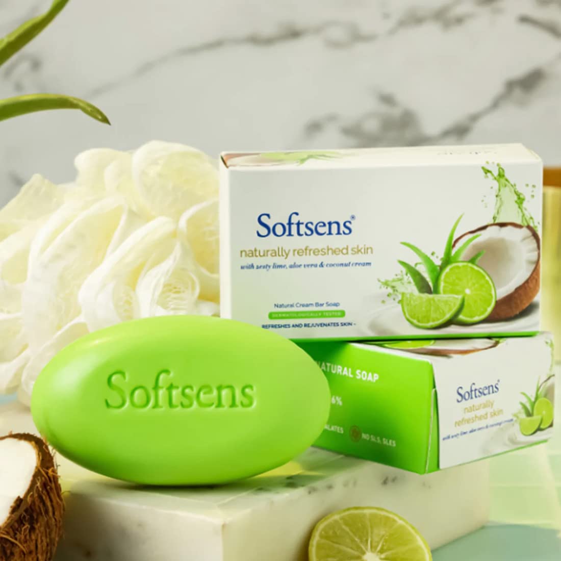 Softsens Naturally Refreshed Skin Cream Bar Soap Made with 100% natural vegetable oil and Zesty Lime, Coconut cream | Daily-Use Bathing Bar Parabens, SLS, SLES & Phthalates Free (100g x 3 Multipack)