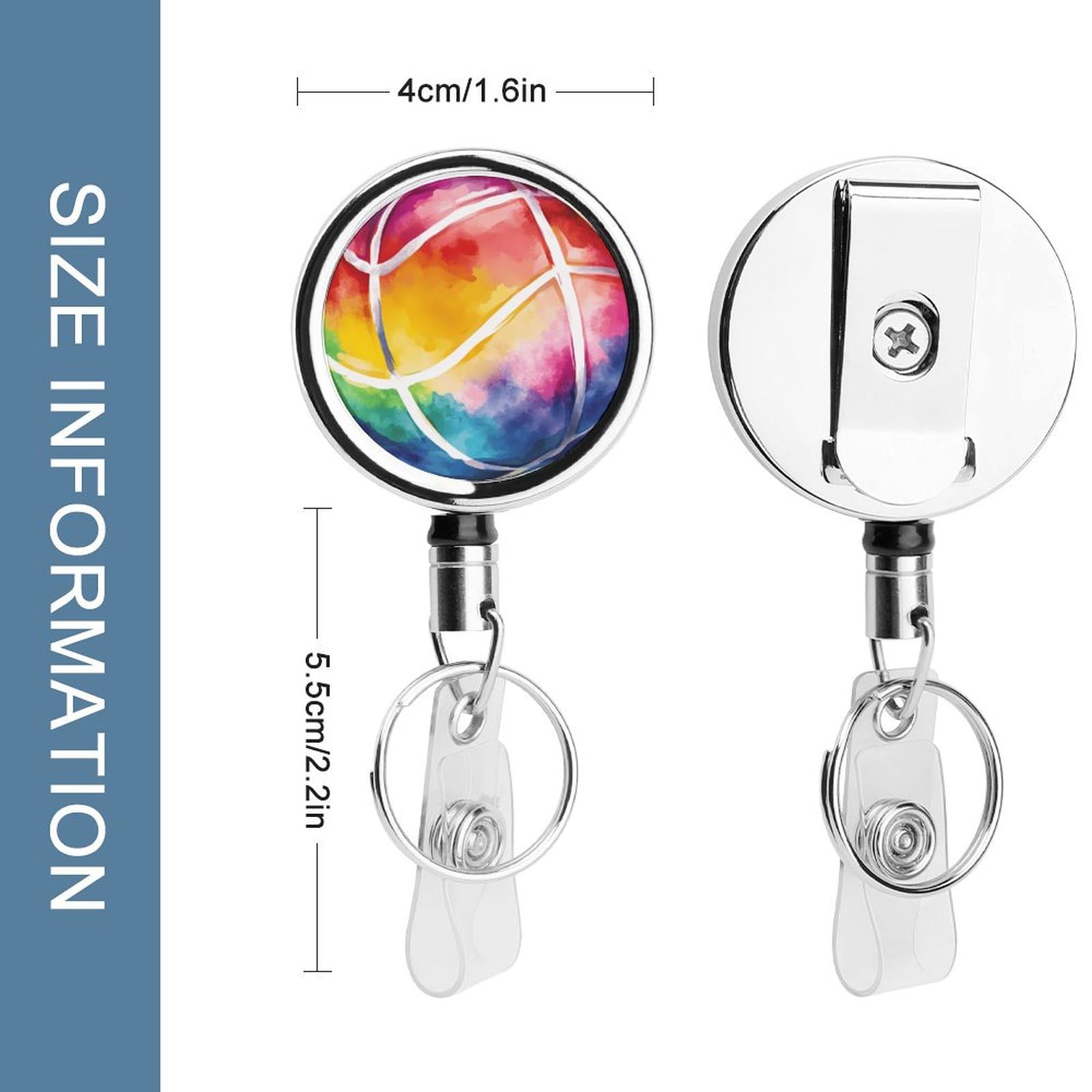 Volleyball Ball Tie-dye Retractable Badge Holder Metal ID Name Holder Key Ring with Belt Clip