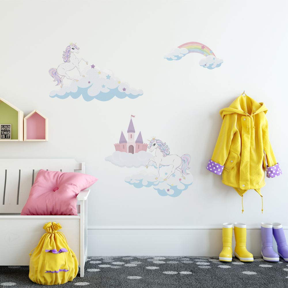 Alwayspon Kids/Girls Room Cute Unicorn Rainbow Cloud Castle Wall Sticker, Removable Watercolor Wall Decals, Peel and Stick Wall Art Murals for Home Nursery Decoration Living Room Decor