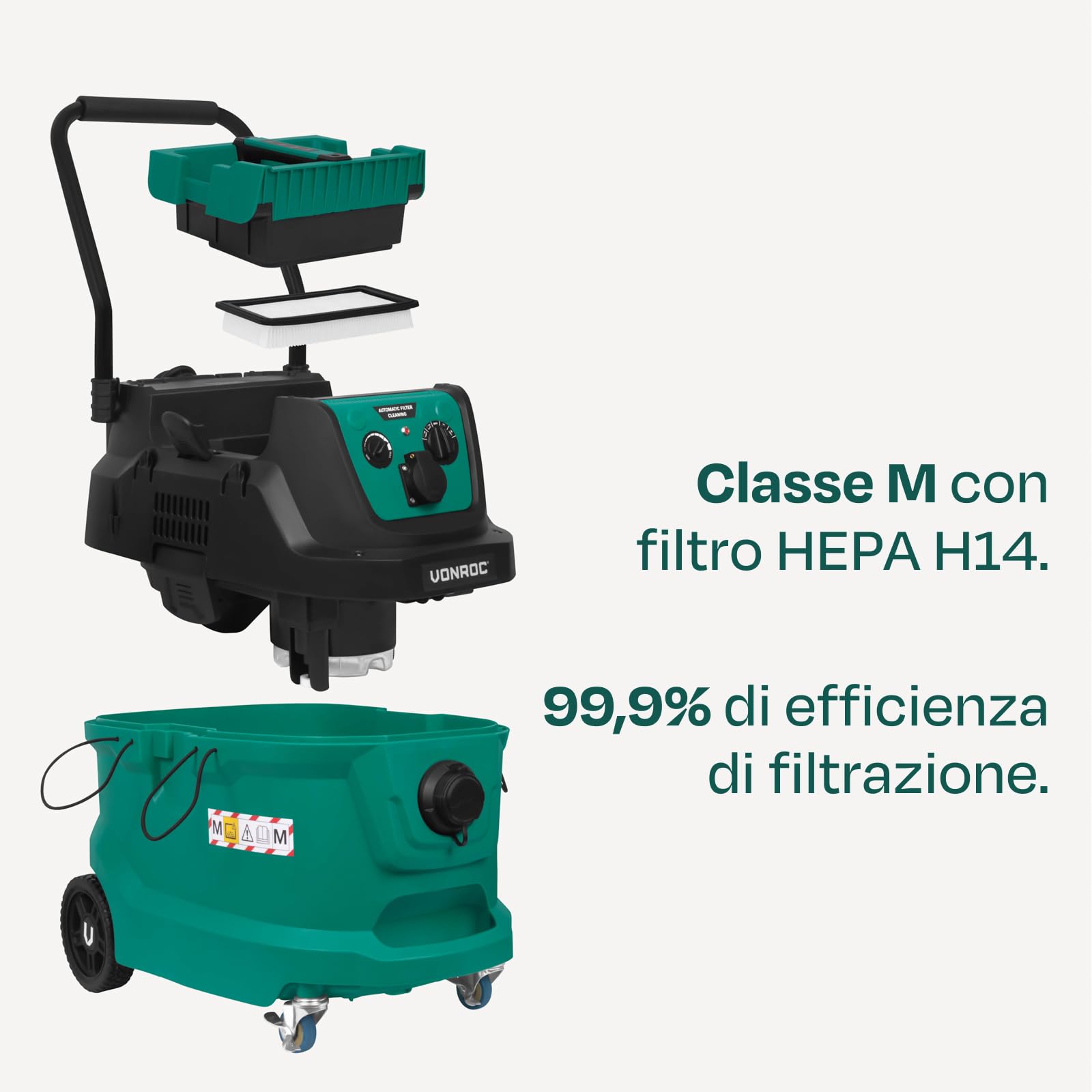VONROC Aspiratore Industriale Classe M 1600W con Filtro HEPA H14, Pulizia Automatica a Impulsi, Aspirapolvere Wet & Dry per Cantieri, Tubo Antistatico Ø35 mm, Presa 2000W per Elettroutensili