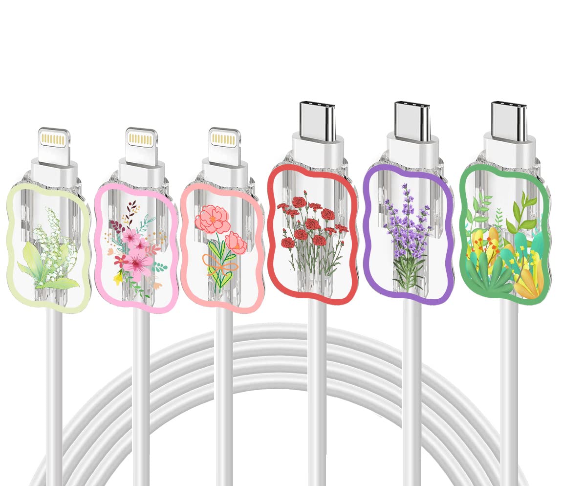 Tospania Cute Floral Pattern Cable Protector Compatible with iPhone Type C Lightning Charger (6 Sets)