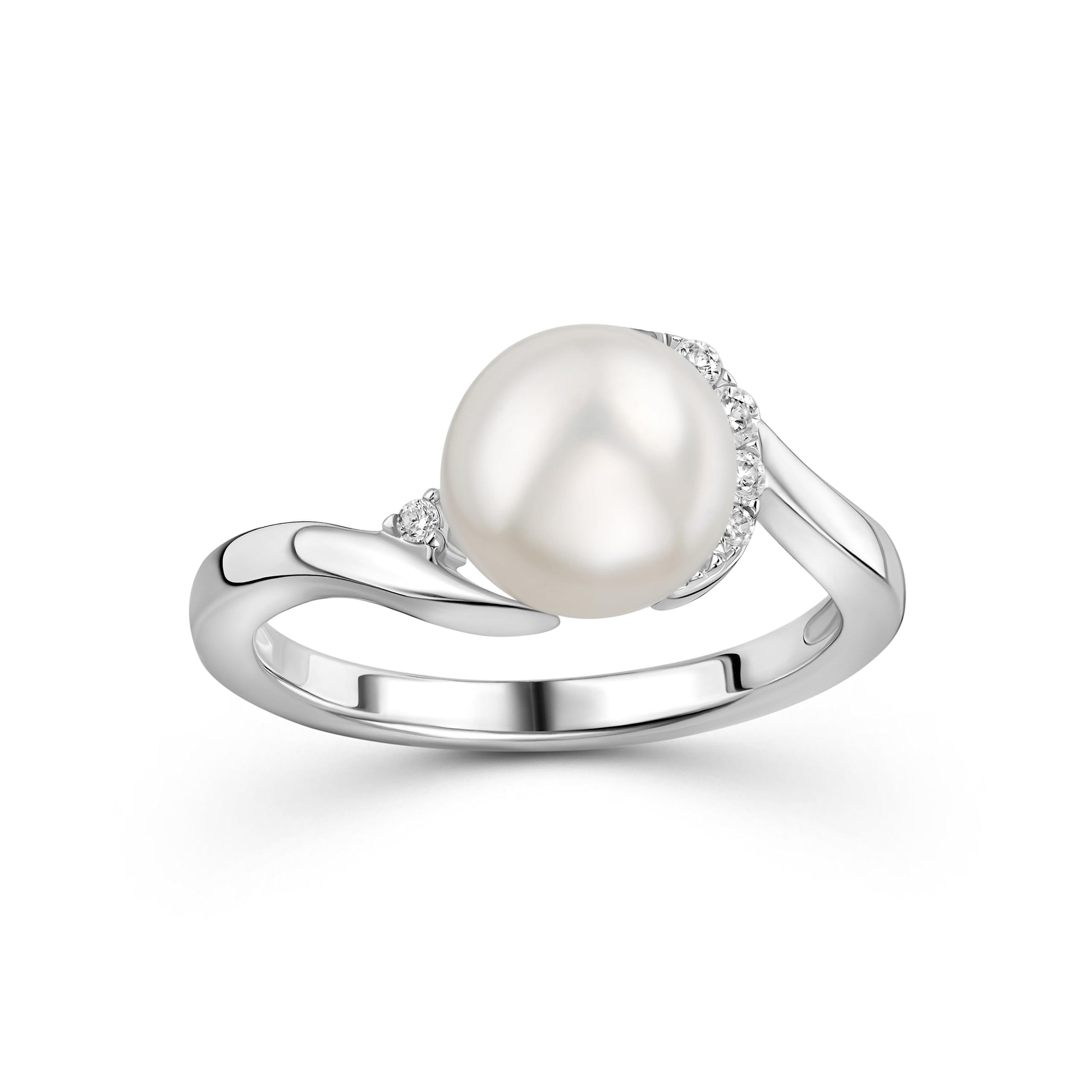 OROVI Damen Ring | 925 Sterling Silber | mit weißer Süßwasser-Zuchtperle von 8mm und 6 Zirkonias | hautfreundlicher Perlen Verlobungsring Silber | nachhaltiger, handgemachter Damen Schmuck