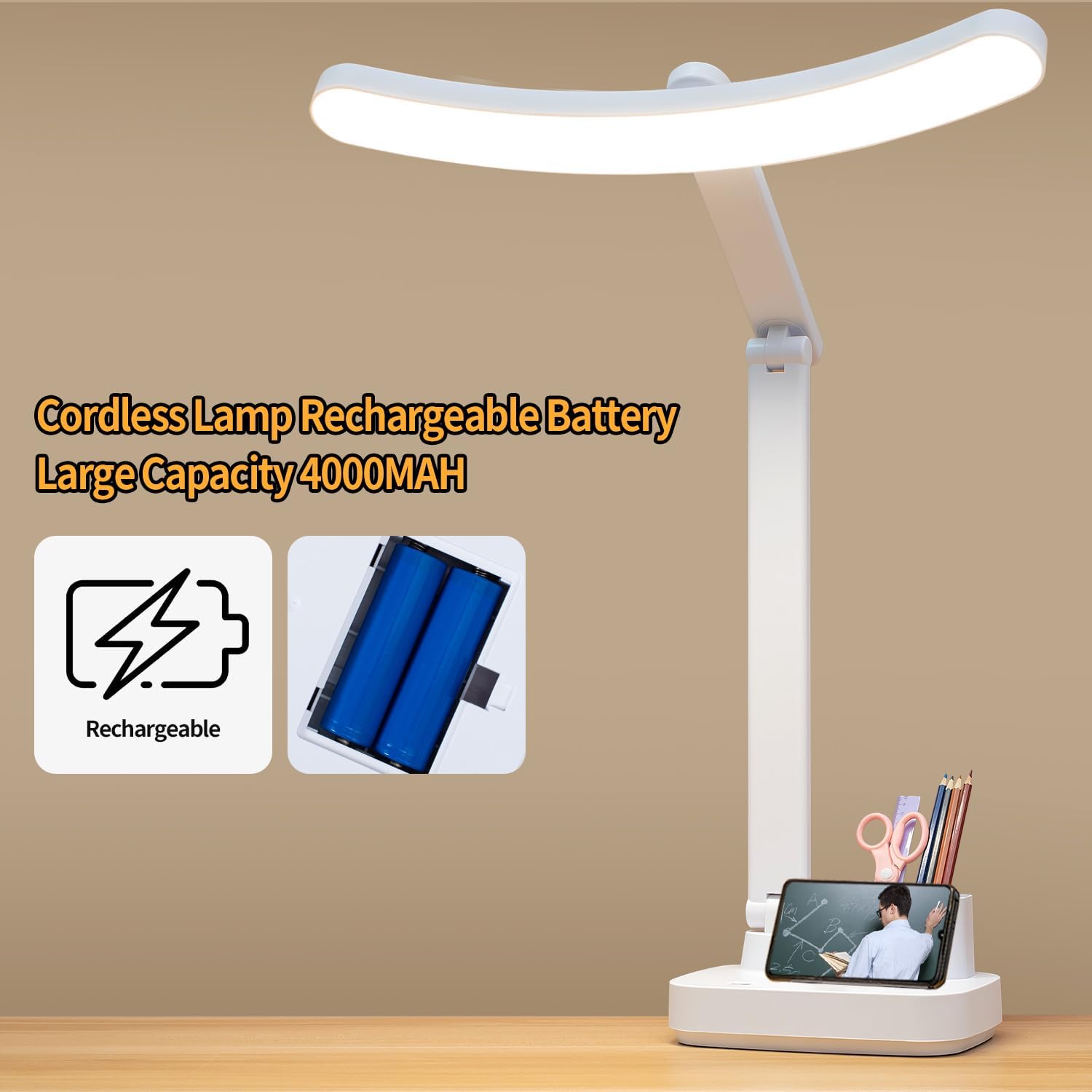 Cordless Desk Table Lamp Rechargeable Big Battery 4000MAH,Tall Reading Light/Bright 60 LED 8W / Touch Dimmable/Multifunctions, Lamp for Home Bedroom Bedside Office Dorm