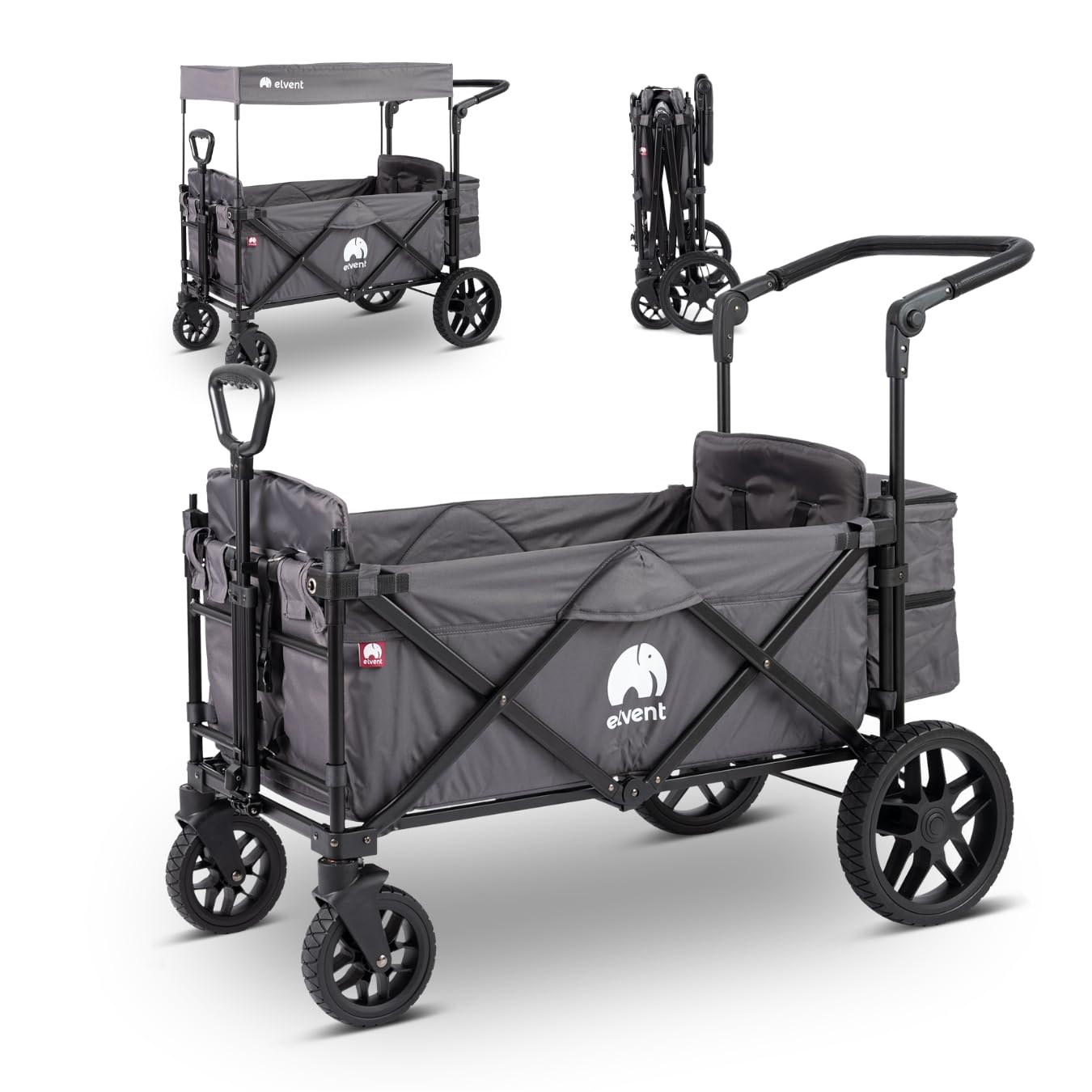 elvent® SmartCruiser Premium Bollerwagen - Handwagen faltbar mit Dach I Sitzpolster, Hecktasche, Feststellbremse, Off-Road-Reifen, 5-Punkt-Gurt I für 2 Kinder | Teleskop-Zugstange (Grau)