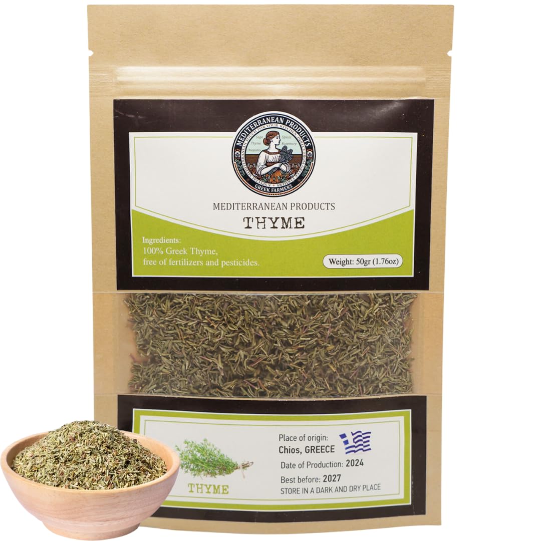 Organic Greek Thyme Leaves - Handpicked 50g, Traditionally Dried Mediterranean Herb, Antioxidant-Rich, Gluten-Free, Greek Seasoning Ideal for Cooking, Immune and Digestive Health Support.