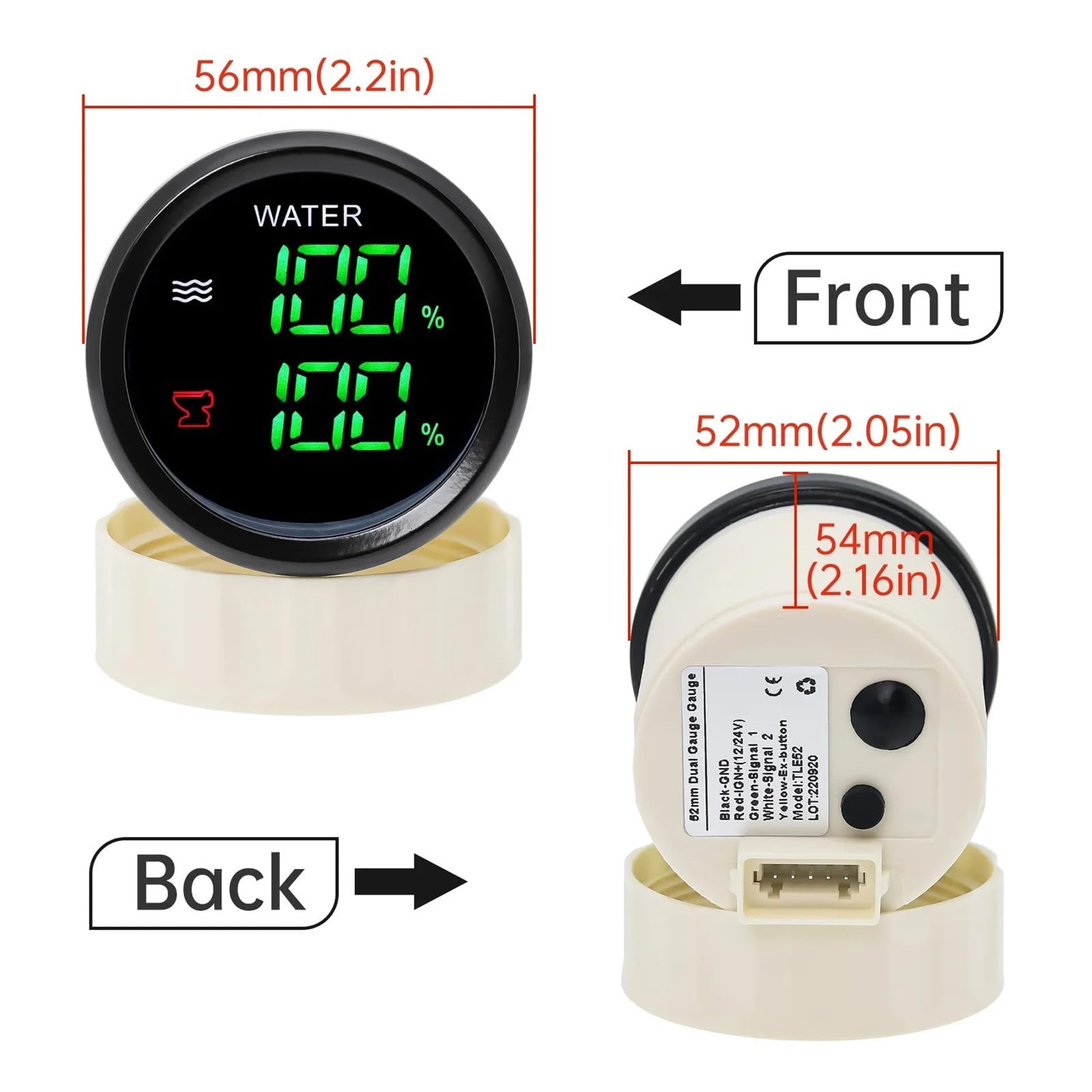 Medidor Digital LED verde 2 en 1 de 52mm con alarma, medidor de nivel de agua de 0-190ohm + medidor de nivel de aguas residuales Lectura clara(With 300mm Sensor)