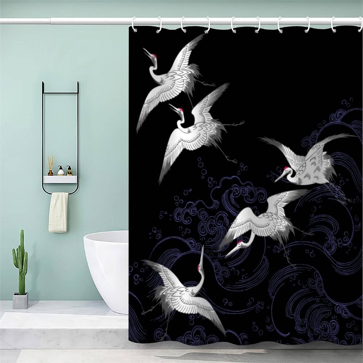 VASENA Shower Curtain Japanese Style Crane Animal Black Bath Curtain 3D Printed Mould Proof Bath Curtains for Shower Polyester Shower Curtains 180x180 cm