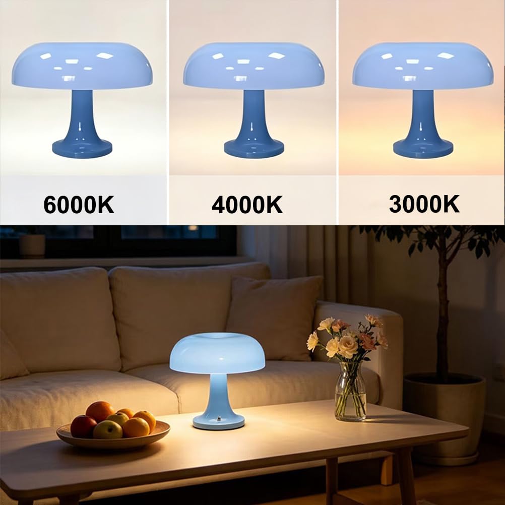 EaEa Pilz Lampe Kabellos Blau LED Tischlampe Akku Dimmbar Touch Nachttischlampe 3000k-6000k Aufladbar Acryl Pilz Tischleuchte für Schlafzimmer Wohnzimmer Esszimmer