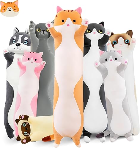 Almohada larga de felpa con diseño de gato, 43.3 pulgadas, lindo cojín de peluche de animales de peluche, color amarillo, kawaii gatito, juguete de